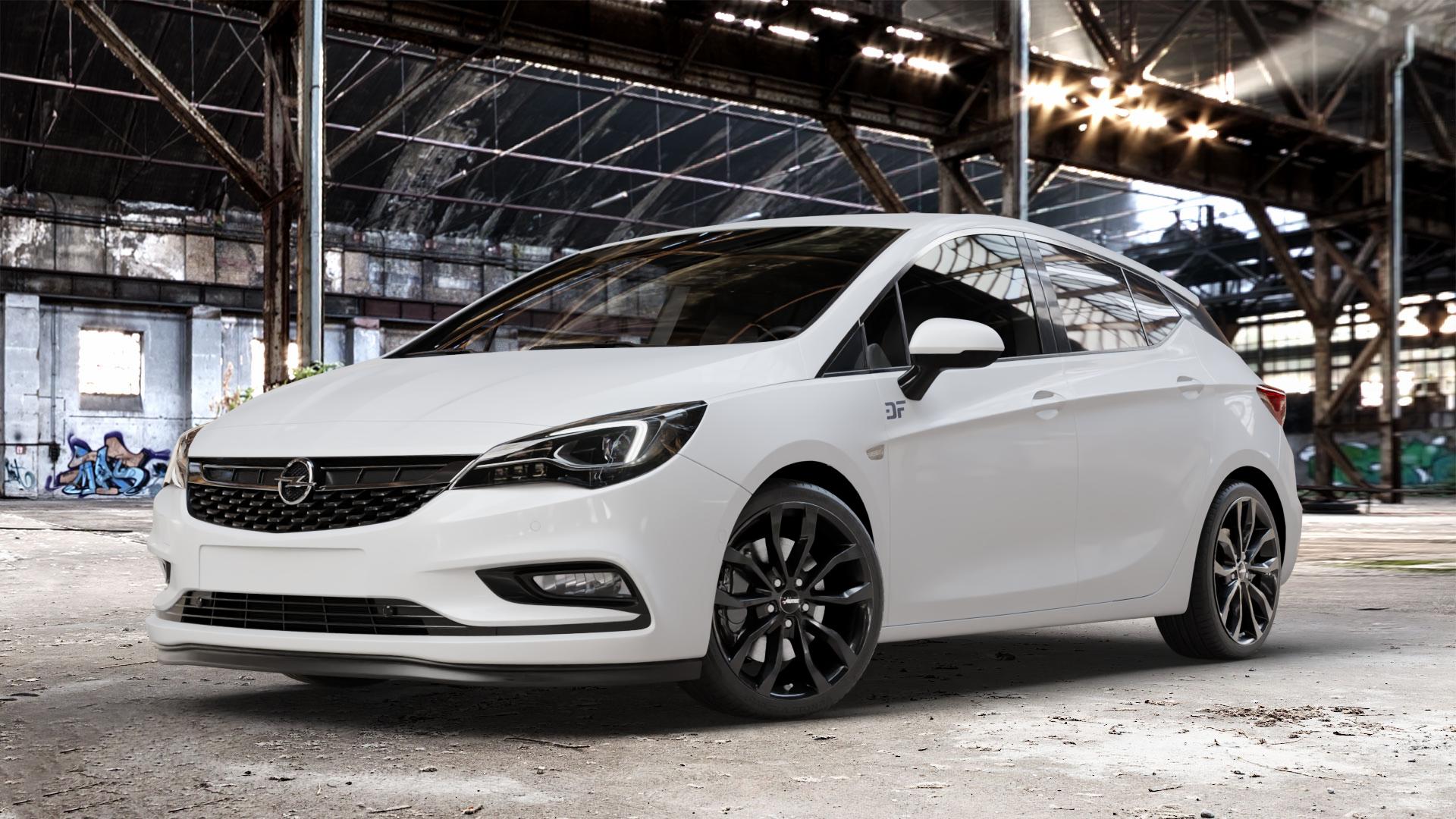 AUTEC Uteca Schwarz Felge mit Reifen in 18Zoll Winterfelge Alufelge auf weissem Opel Astra K Typ B-K ⬇️ mit 15mm Tieferlegung ⬇️ Old Industrial Hall_max_4400mm_2024 Frontansicht_1