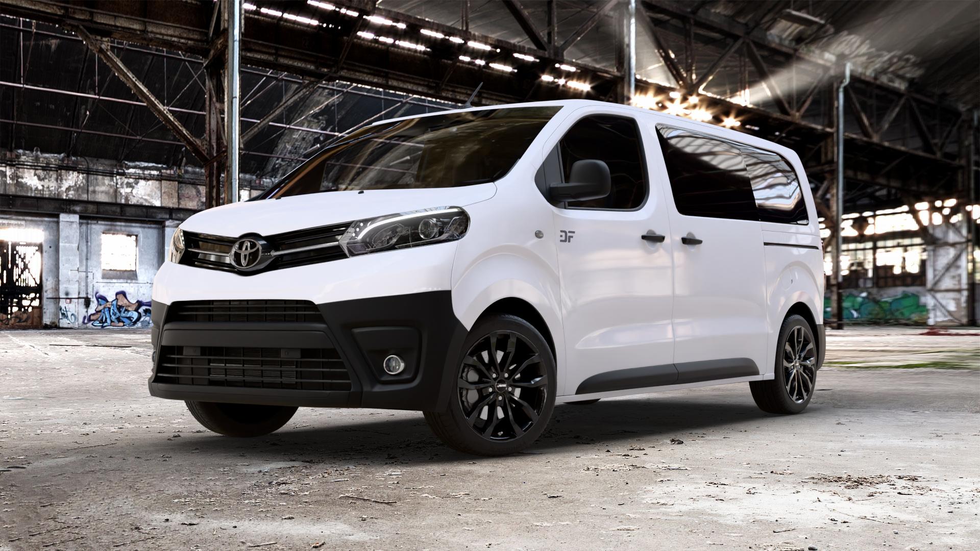 AUTEC Uteca Schwarz Felge mit Reifen in 18Zoll Winterfelge Alufelge auf weissem Toyota Proace II Verso Typ V ⬇️ mit 15mm Tieferlegung ⬇️ Old Industrial Hall_max_5300mm_2024 Frontansicht_1