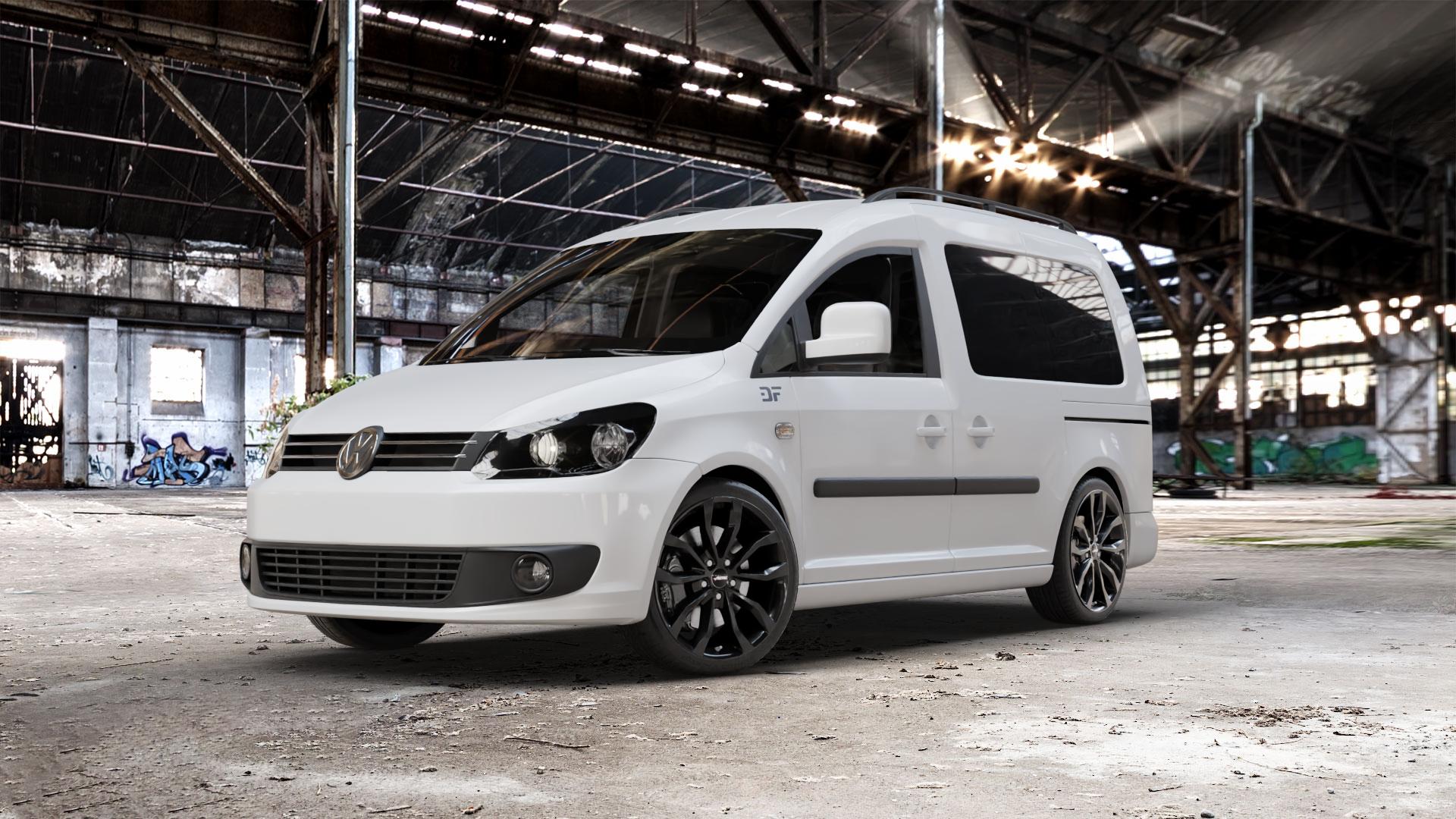 AUTEC Uteca Schwarz Felge mit Reifen in 18Zoll Winterfelge Alufelge auf weissem Volkswagen (VW) Caddy 3 ⬇️ mit 15mm Tieferlegung ⬇️ Old Industrial Hall_max_5300mm_2024 Frontansicht_1