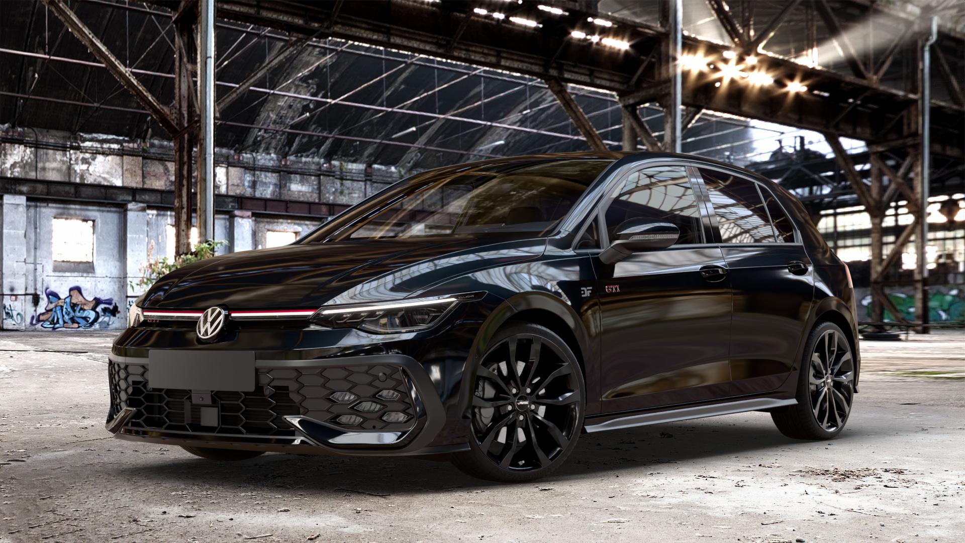AUTEC Uteca Schwarz Felge mit Reifen in 19Zoll Winterfelge Alufelge auf metallic schwarzem Volkswagen (VW) Golf 8 Facelift 2,0l GTI 195kW (265 PS) ⬇️ mit 15mm Tieferlegung ⬇️ Old Industrial Hall_max_4400mm_2024 Frontansicht_1