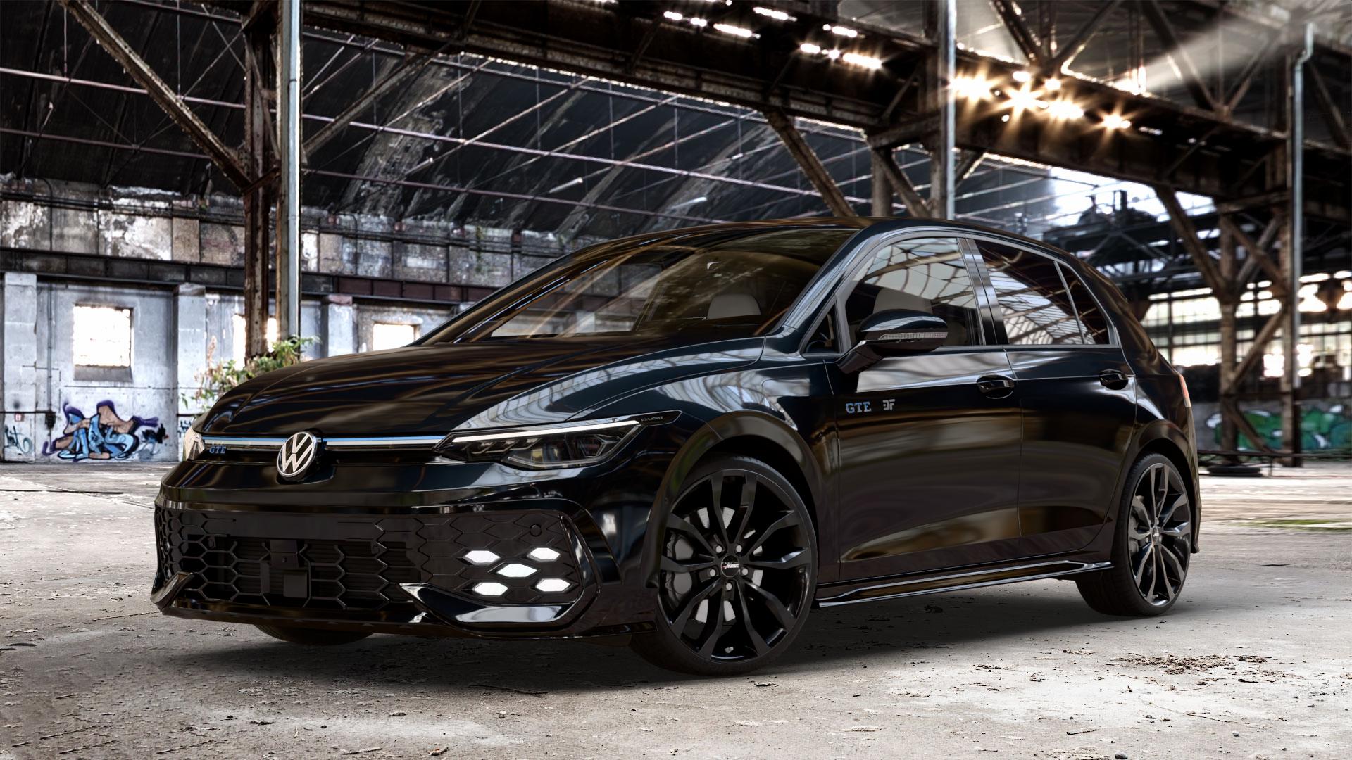 AUTEC Uteca Schwarz Felge mit Reifen in 19Zoll Winterfelge Alufelge auf schwarzem Volkswagen (VW) Golf 8 Facelift 1,5l TSI GTE 130kW Hybrid (177 PS) ⬇️ mit 15mm Tieferlegung ⬇️ Old Industrial Hall_max_4400mm_2024 Frontansicht_1