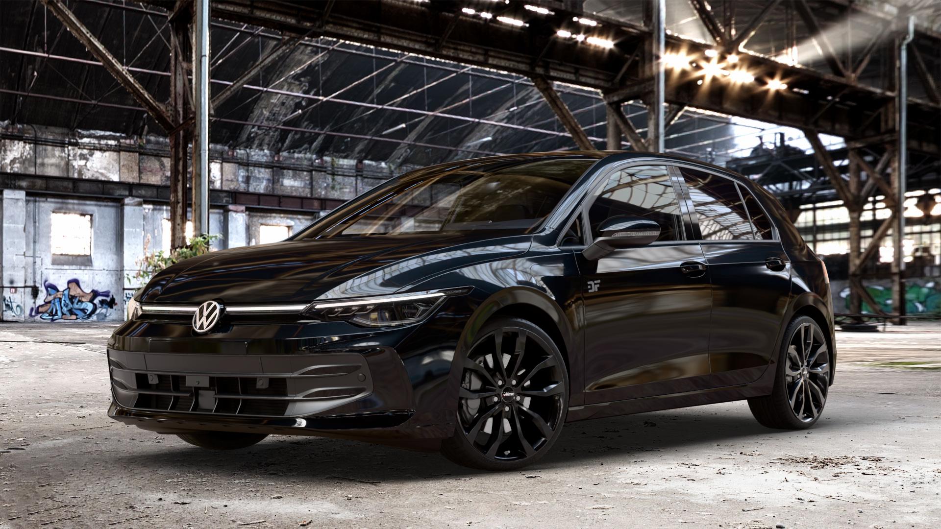 AUTEC Uteca Schwarz Felge mit Reifen in 19Zoll Winterfelge Alufelge auf schwarzem Volkswagen (VW) Golf 8 Facelift ⬇️ mit 15mm Tieferlegung ⬇️ Old Industrial Hall_max_4400mm_2024 Frontansicht_1