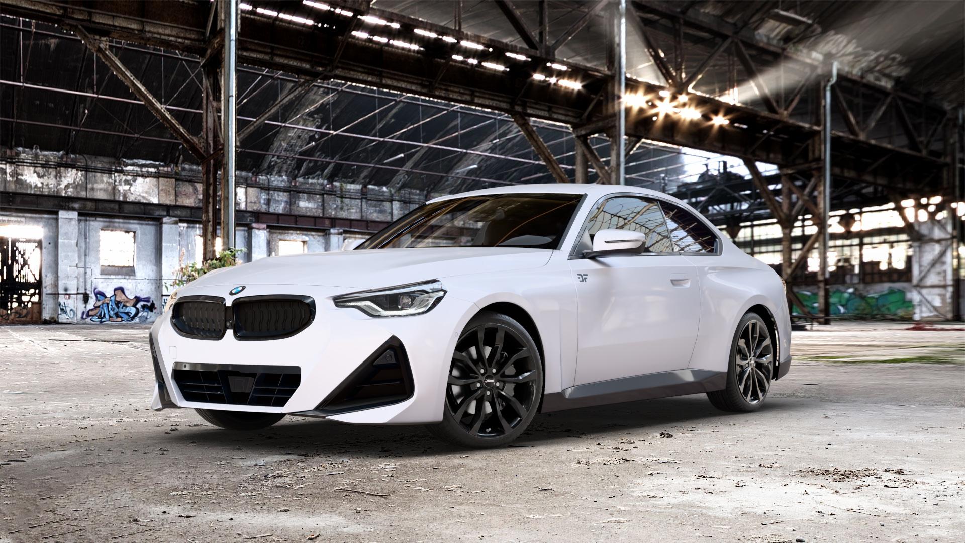 AUTEC Uteca Schwarz Felge mit Reifen in 19Zoll Winterfelge Alufelge auf weissem BMW 2er G42 Coupé (G2C) ⬇️ mit 15mm Tieferlegung ⬇️ Old Industrial Hall_max_5300mm_2024 Frontansicht_1
