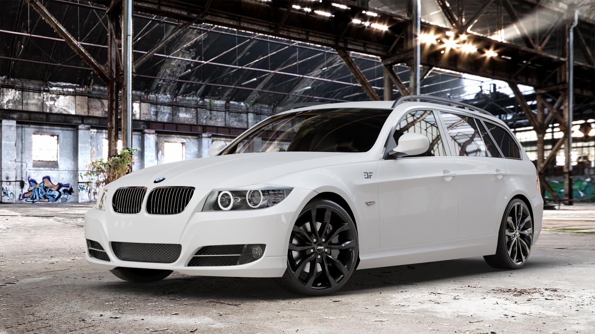AUTEC Uteca Schwarz Felge mit Reifen in 19Zoll Winterfelge Alufelge auf weissem BMW 318i Typ E91 (Touring) 320i 325i 330i 320d 330d 318d 325xi 330xi 335i 335d 325d 330xd 335xi 320xd 316d 316i 3er Touring (390L, 390X, 3K, 3K-N1) ⬇️ mit 15mm Tieferlegung ⬇️ Old Industrial Hall_max_4400mm_2024 Frontansicht_1