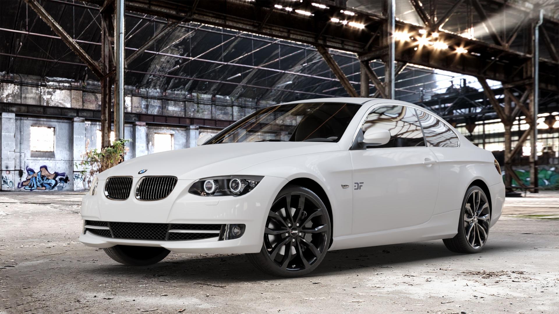 AUTEC Uteca Schwarz Felge mit Reifen in 19Zoll Winterfelge Alufelge auf weissem BMW 325i Typ E92 (Coupé) 330i 330d 335i 335d 320i 330xi 320d 325d M3 (Coupe) 335xi 325xi 330xd 320xd 318i 323i 316i GTS 3er Coupé (392C, 3C, 390X) ⬇️ mit 15mm Tieferlegung ⬇️ Old Industrial Hall_max_4400mm_2024 Frontansicht_1