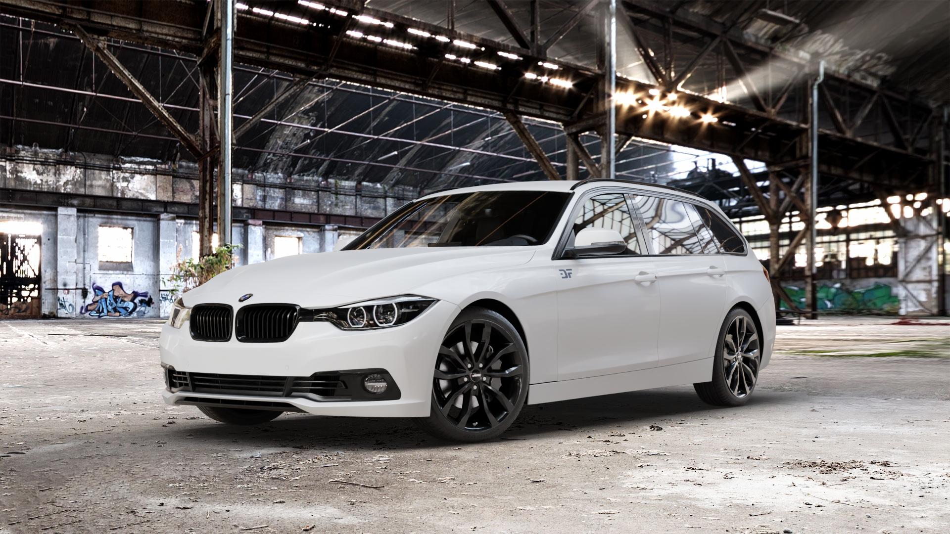 AUTEC Uteca Schwarz Felge mit Reifen in 19Zoll Winterfelge Alufelge auf weissem BMW 330d Typ F31 (Touring) xDrive 318i 330i 340i 3er Touring (3K, 3K-N1) ⬇️ mit 15mm Tieferlegung ⬇️ Old Industrial Hall_max_5300mm_2024 Frontansicht_1