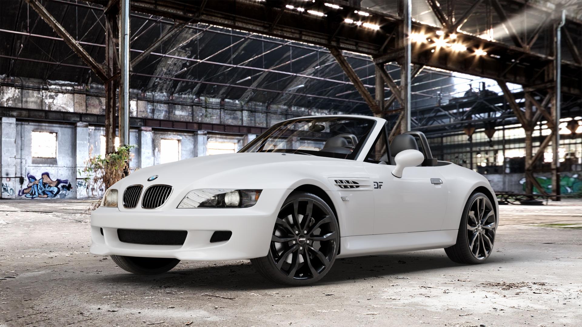 AUTEC Uteca Schwarz Felge mit Reifen in 19Zoll Winterfelge Alufelge auf weissem BMW Z3 Roadster Typ E36/7(S) (R/C) ⬇️ mit 15mm Tieferlegung ⬇️ Old Industrial Hall_max_4400mm_2024 Frontansicht_1