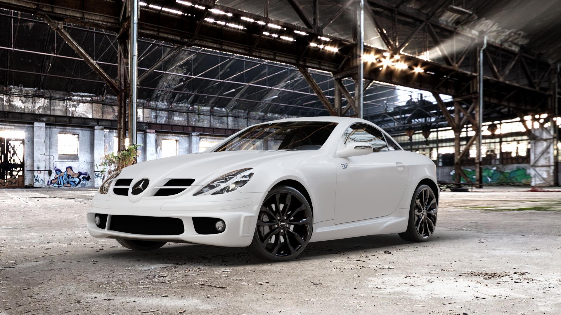 AUTEC Uteca Schwarz Felge mit Reifen in 19Zoll Winterfelge Alufelge auf weissem Mercedes SLK Typ R171 ⬇️ mit 15mm Tieferlegung ⬇️ Old Industrial Hall_max_5300mm_2024 Frontansicht_1