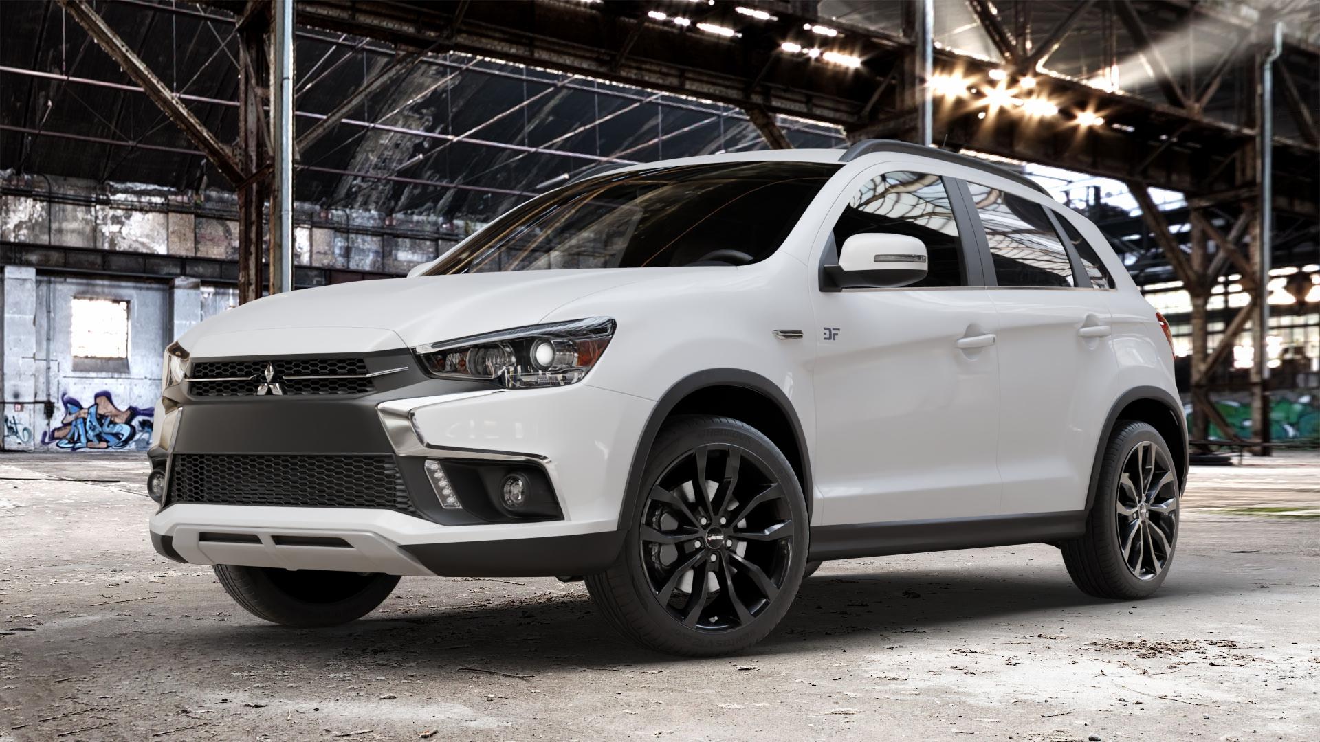 AUTEC Uteca Schwarz Felge mit Reifen in 19Zoll Winterfelge Alufelge auf weissem Mitsubishi ASX Typ GA0 Facelift 16-> ⬇️ mit 15mm Tieferlegung ⬇️ Old Industrial Hall_max_4400mm_2024 Frontansicht_1