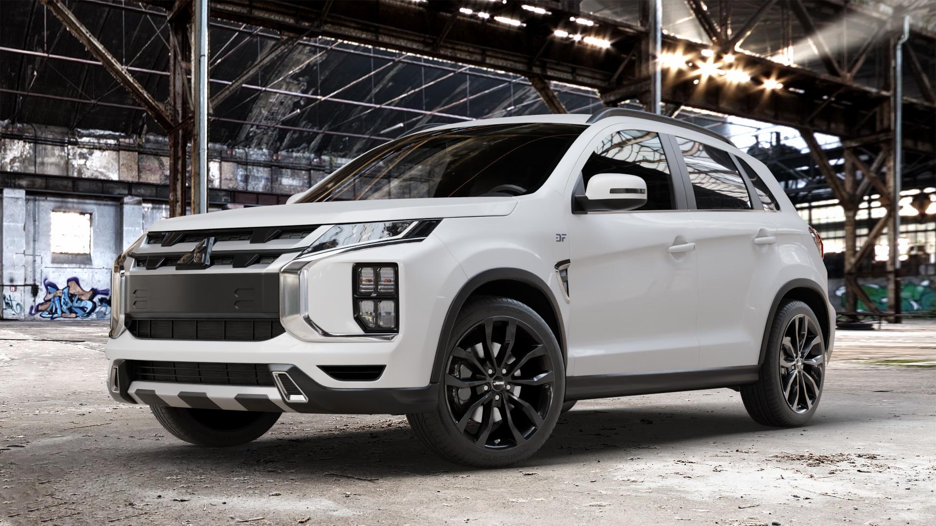 AUTEC Uteca Schwarz Felge mit Reifen in 19Zoll Winterfelge Alufelge auf weissem Mitsubishi ASX Typ GA0 Facelift 19-> ⬇️ mit 15mm Tieferlegung ⬇️ Old Industrial Hall_max_4400mm_2024 Frontansicht_1