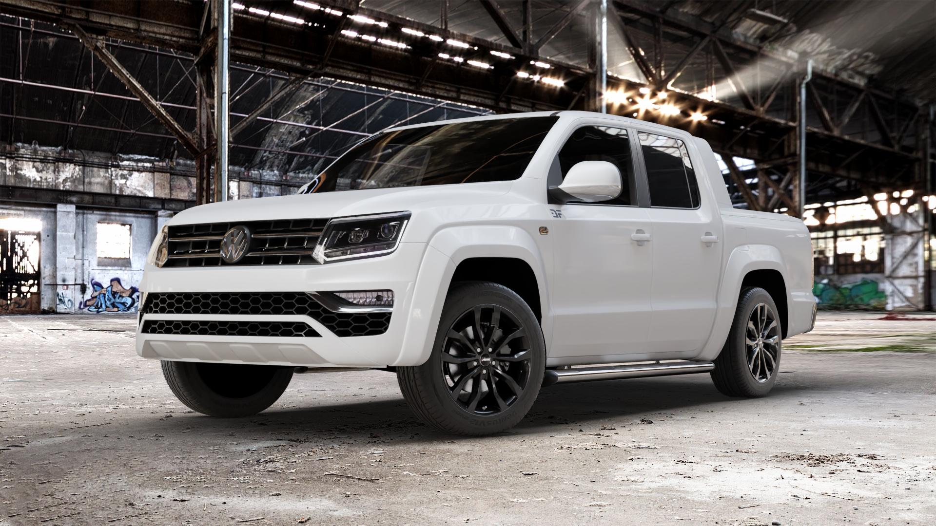 AUTEC Uteca Schwarz Felge mit Reifen in 19Zoll Winterfelge Alufelge auf weissem Volkswagen (VW) Amarok I Typ 2H Facelift ⬇️ mit 15mm Tieferlegung ⬇️ Old Industrial Hall_max_5300mm_2024 Frontansicht_1