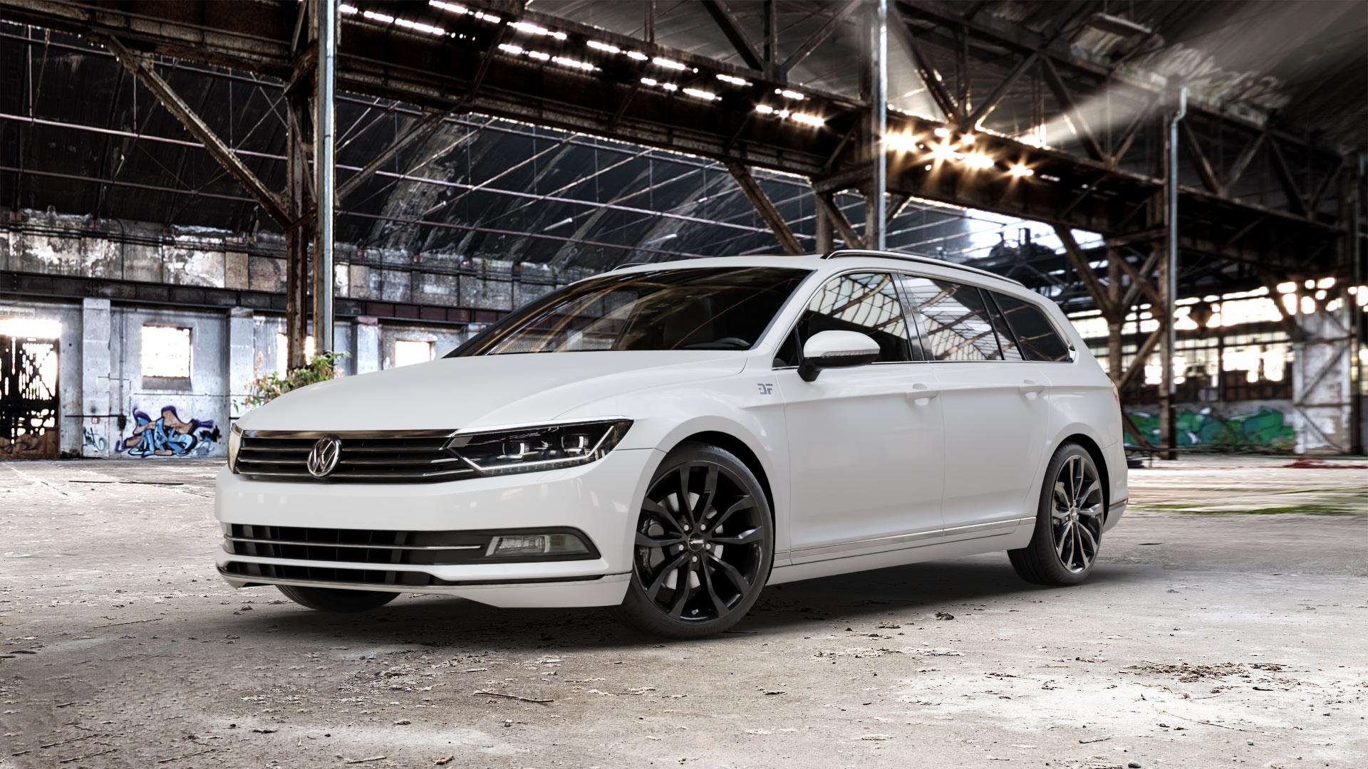 AUTEC Uteca Schwarz Felge mit Reifen in 19Zoll Winterfelge Alufelge auf weissem Volkswagen (VW) Passat 3C/B8 Limousine Variant ⬇️ mit 15mm Tieferlegung ⬇️ Old Industrial Hall_max_5300mm_2024 Frontansicht_1