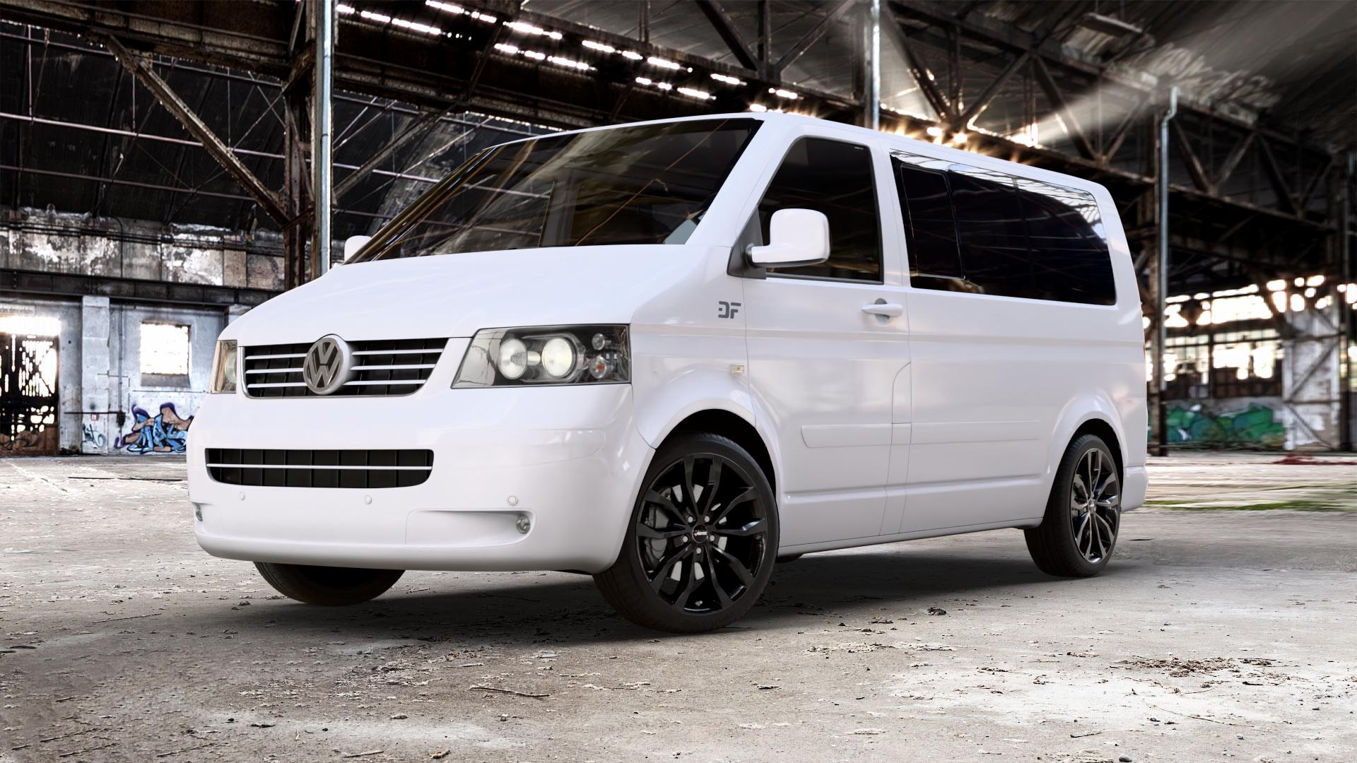 AUTEC Uteca Schwarz Felge mit Reifen in 19Zoll Winterfelge Alufelge auf weissem Volkswagen (VW) T5 Business Caravelle Kombi Multivan ⬇️ mit 15mm Tieferlegung ⬇️ Old Industrial Hall_max_5300mm_2024 Frontansicht_1
