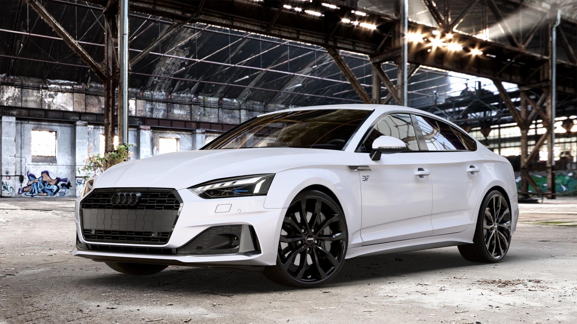AUTEC Uteca Schwarz Felge mit Reifen in 20Zoll Winterfelge Alufelge auf weissem Audi A5 Typ B9 (Sportback) Facelift ⬇️ mit 15mm Tieferlegung ⬇️ Old Industrial Hall_max_4400mm_2024 Frontansicht_1