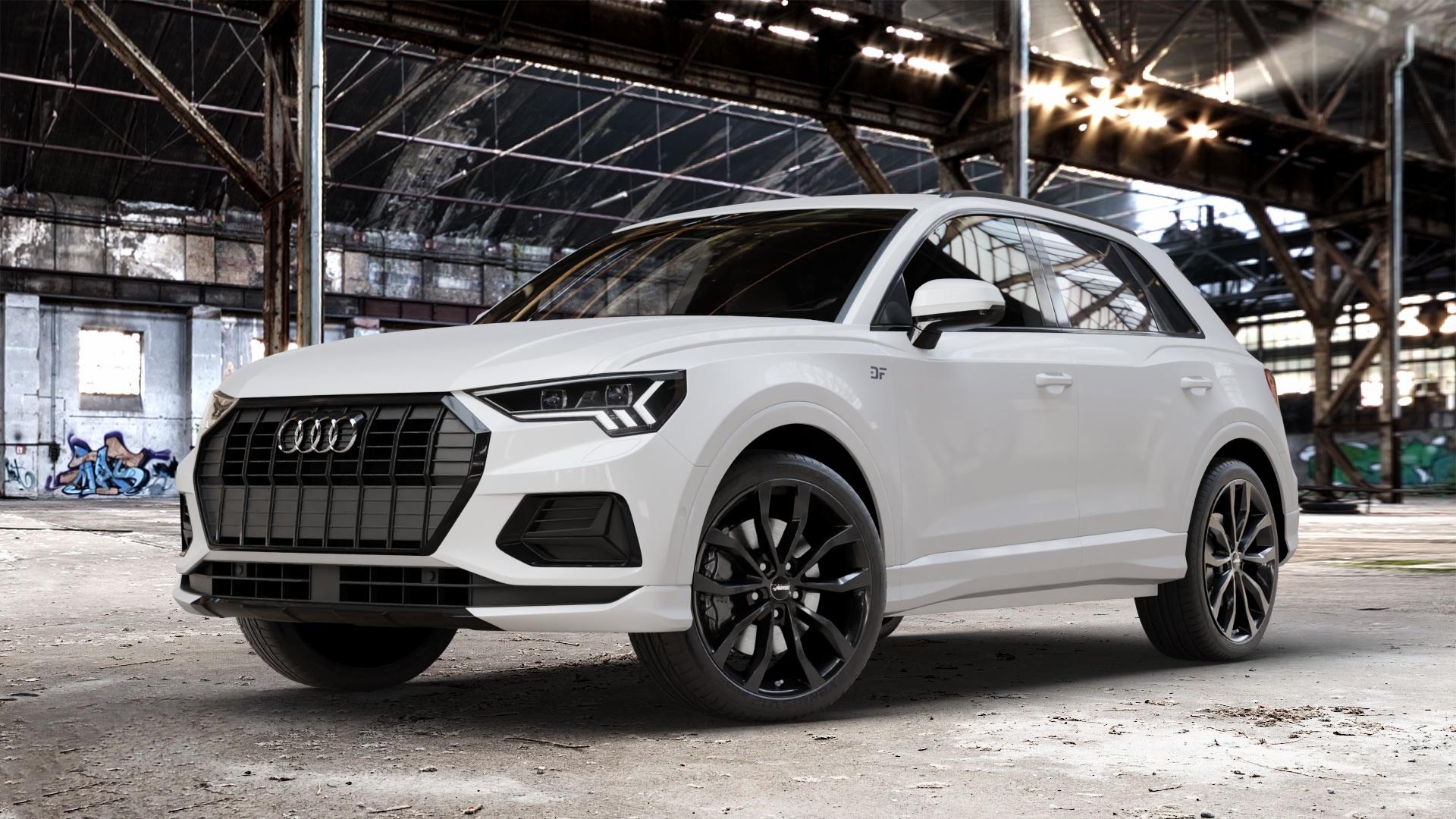 AUTEC Uteca Schwarz Felge mit Reifen in 20Zoll Winterfelge Alufelge auf weissem Audi Q3 II Typ F3 ⬇️ mit 15mm Tieferlegung ⬇️ Old Industrial Hall_max_4400mm_2024 Frontansicht_1