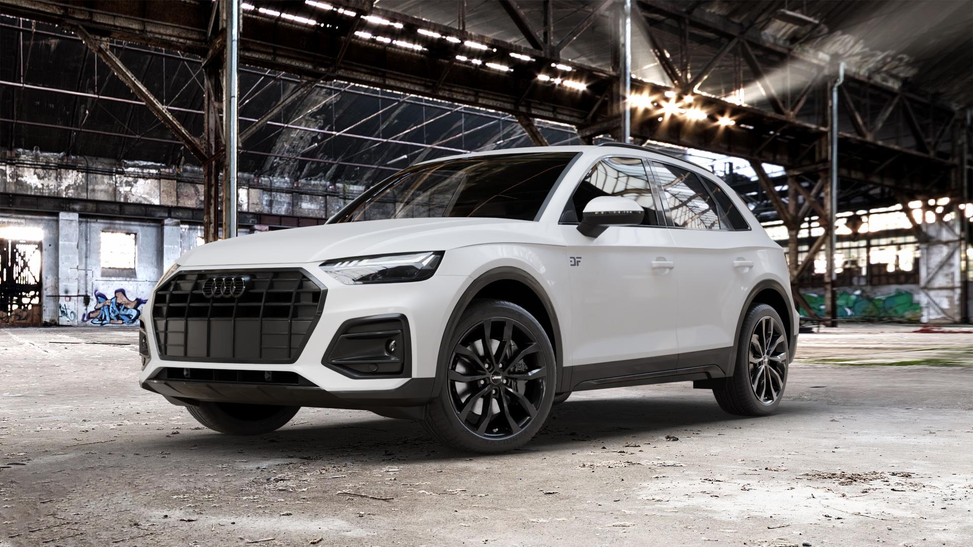 AUTEC Uteca Schwarz Felge mit Reifen in 20Zoll Winterfelge Alufelge auf weissem Audi Q5 II Typ FY Facelift ⬇️ mit 15mm Tieferlegung ⬇️ Old Industrial Hall_max_5300mm_2024 Frontansicht_1