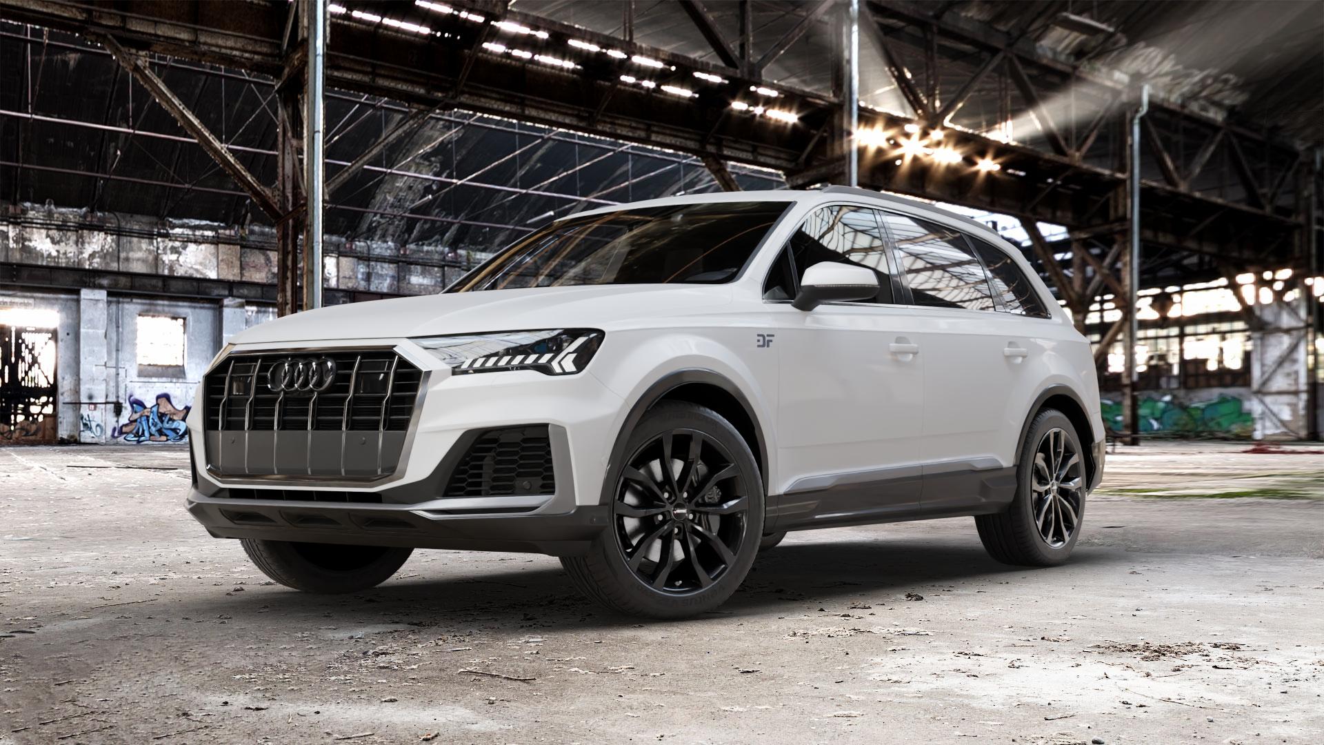 AUTEC Uteca Schwarz Felge mit Reifen in 20Zoll Winterfelge Alufelge auf weissem Audi Q7 II Typ 4M (4L) Facelift 19-> ⬇️ mit 15mm Tieferlegung ⬇️ Old Industrial Hall_max_5300mm_2024 Frontansicht_1
