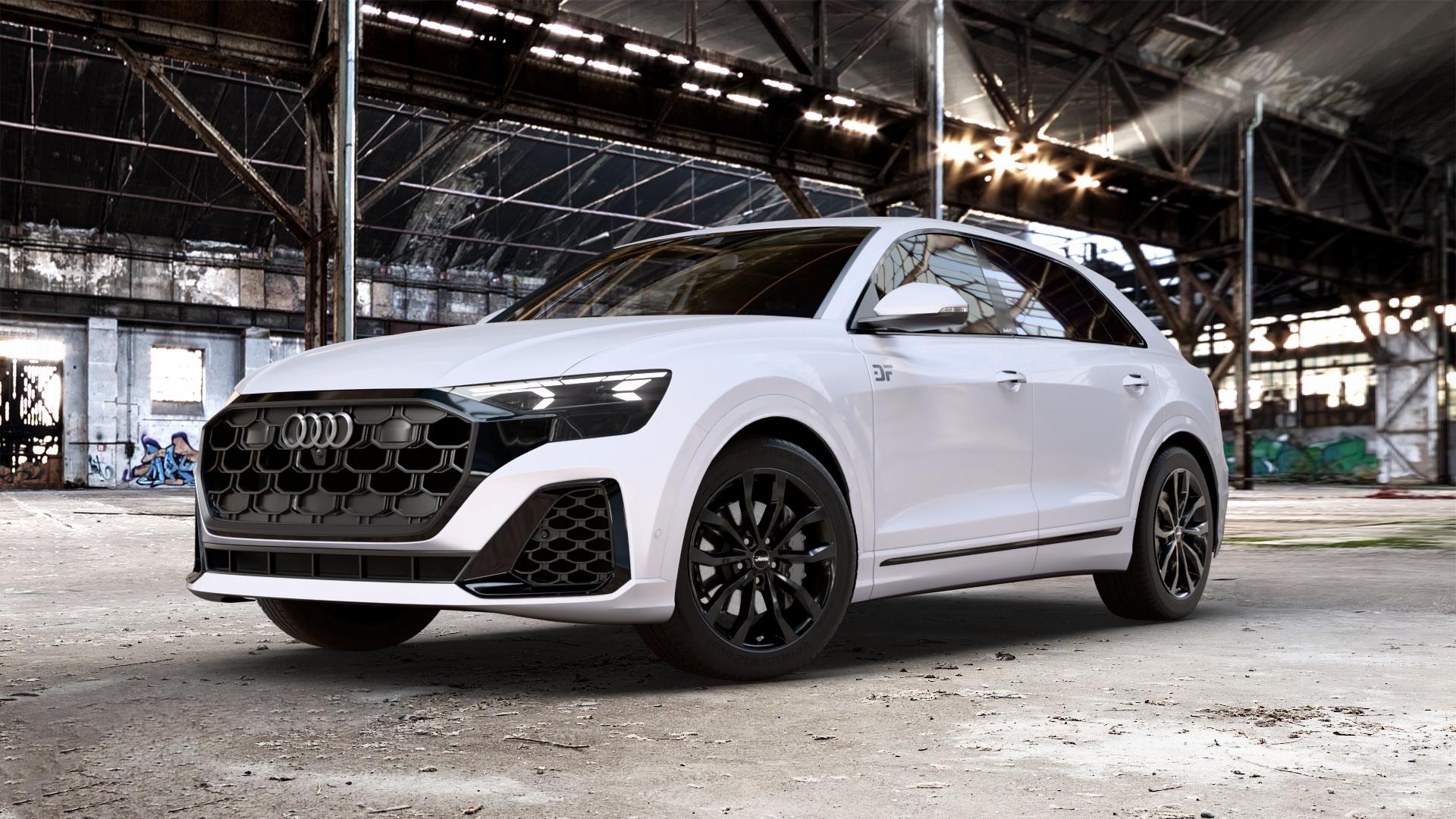 AUTEC Uteca Schwarz Felge mit Reifen in 20Zoll Winterfelge Alufelge auf weißem Audi Q8 Typ 4M (4L) Facelift ⬇️ mit 15mm Tieferlegung ⬇️ Old Industrial Hall_max_5300mm_2024 Frontansicht_1