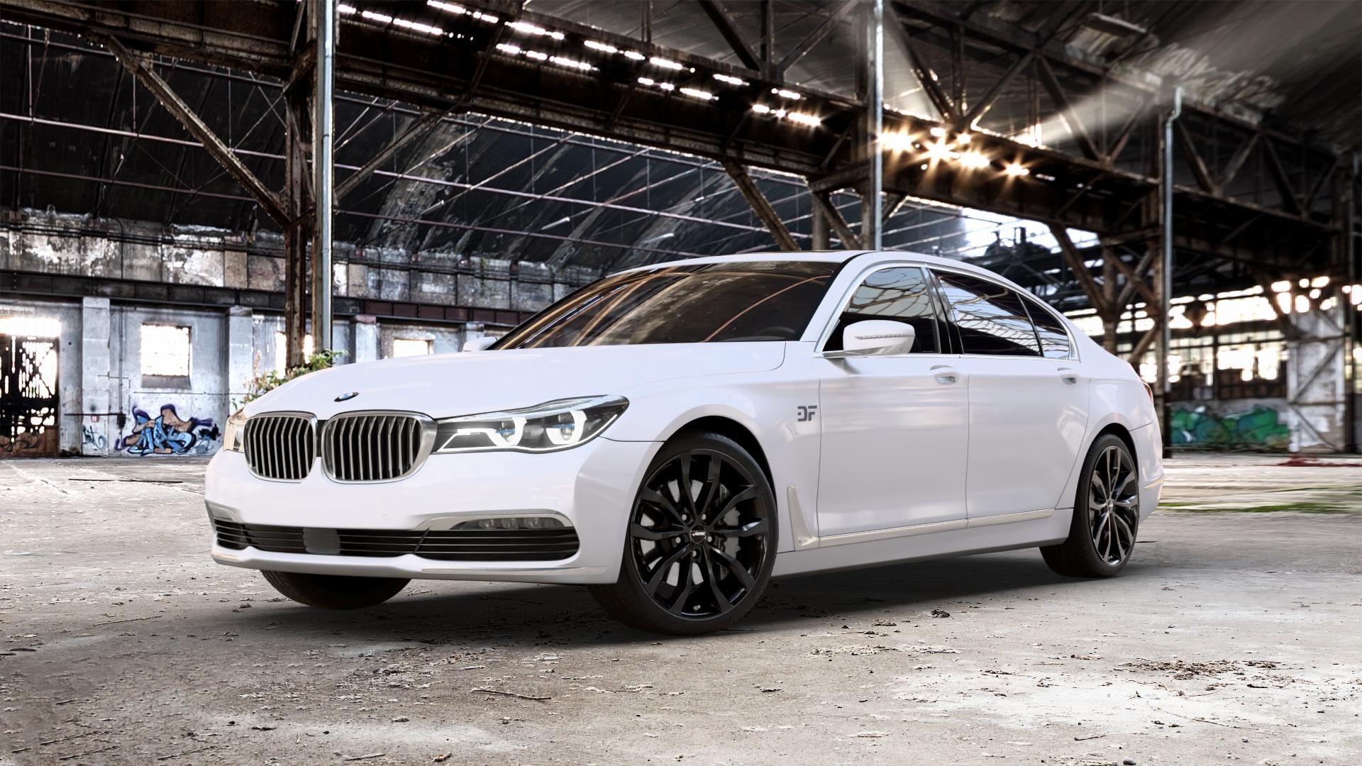 AUTEC Uteca Schwarz Felge mit Reifen in 20Zoll Winterfelge Alufelge auf weissem BMW 740Li Typ G12 750Li xDrive 730Ld 740Ld 740Le 730Li 750Ld 7er Limousine lang (7L) ⬇️ mit 15mm Tieferlegung ⬇️ Old Industrial Hall_max_5300mm_2024 Frontansicht_1