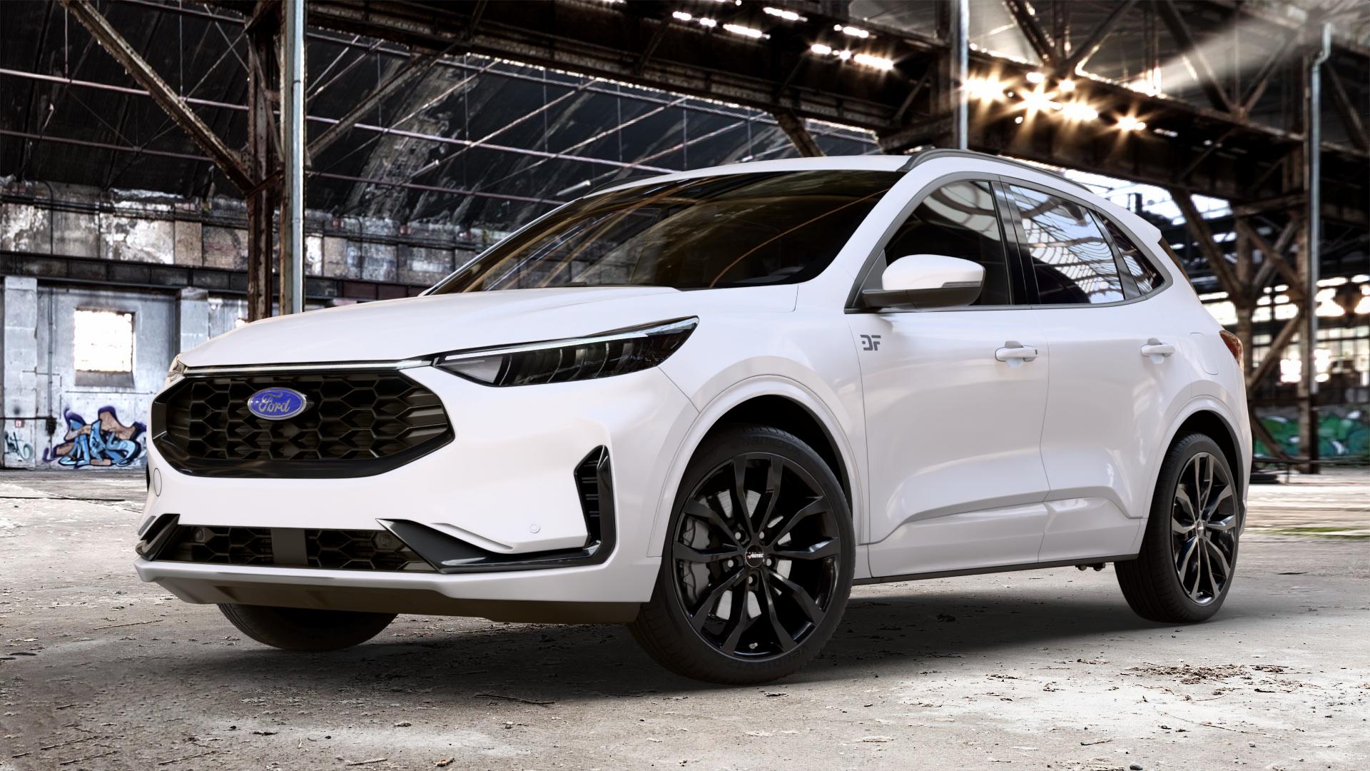 AUTEC Uteca Schwarz Felge mit Reifen in 20Zoll Winterfelge Alufelge auf weissem Ford Kuga III Typ DFK Facelift ⬇️ mit 15mm Tieferlegung ⬇️ Old Industrial Hall_max_4400mm_2024 Frontansicht_1