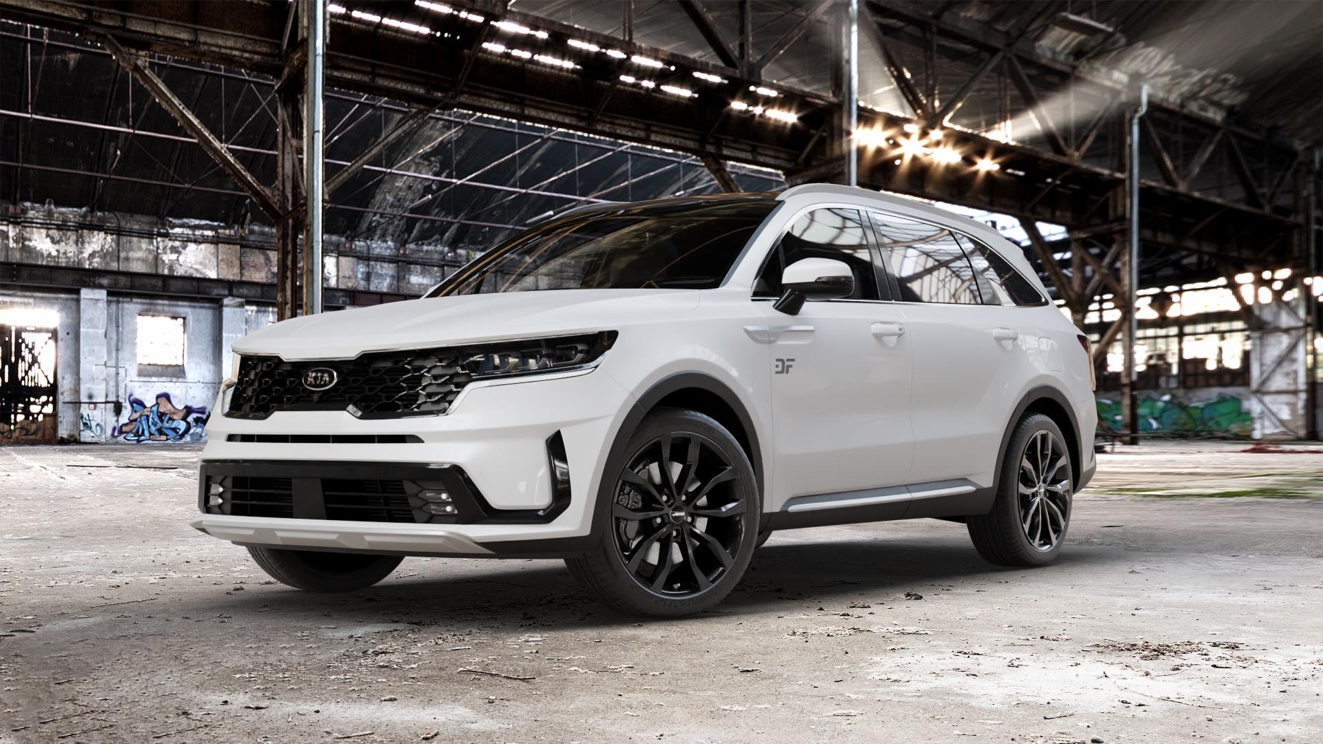 AUTEC Uteca Schwarz Felge mit Reifen in 20Zoll Winterfelge Alufelge auf weissem Kia Sorento IV Typ MQ4 ⬇️ mit 15mm Tieferlegung ⬇️ Old Industrial Hall_max_5300mm_2024 Frontansicht_1
