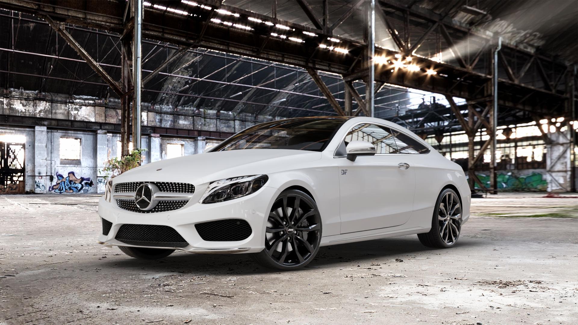 AUTEC Uteca Schwarz Felge mit Reifen in 20Zoll Winterfelge Alufelge auf weissem Mercedes C-Klasse Typ C205 Coupe Facelift ⬇️ mit 15mm Tieferlegung ⬇️ Old Industrial Hall_max_5300mm_2024 Frontansicht_1