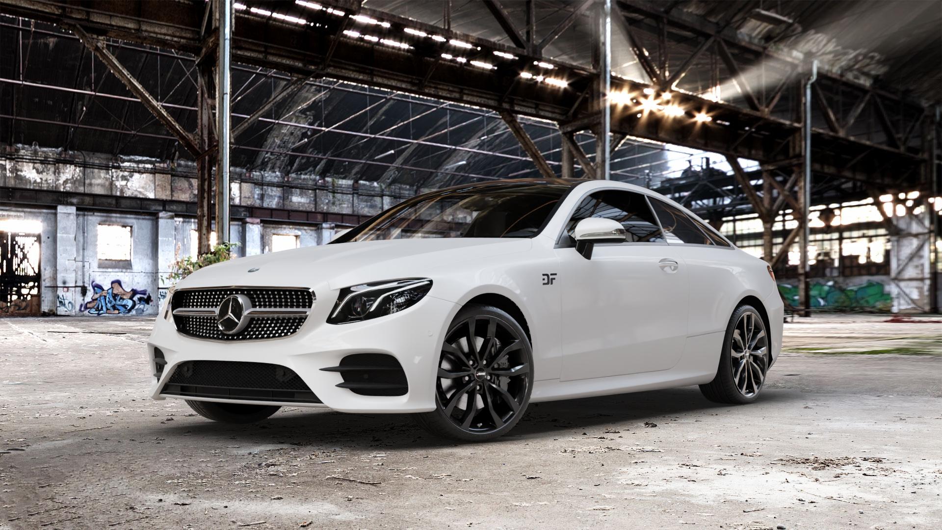 AUTEC Uteca Schwarz Felge mit Reifen in 20Zoll Winterfelge Alufelge auf weissem Mercedes E-Klasse Typ C238 Coupe (R1EC) ⬇️ mit 15mm Tieferlegung ⬇️ Old Industrial Hall_max_5300mm_2024 Frontansicht_1