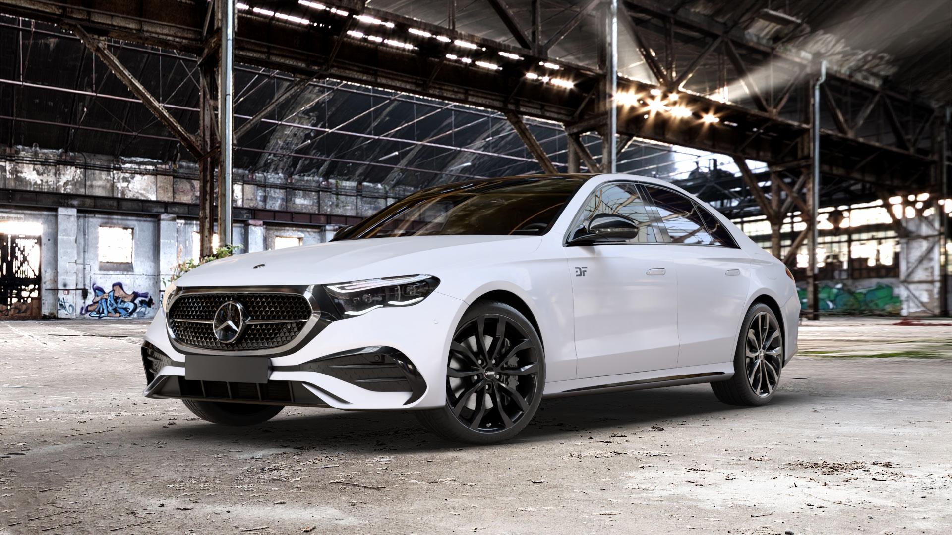 AUTEC Uteca Schwarz Felge mit Reifen in 20Zoll Winterfelge Alufelge auf weissem Mercedes E-Klasse Typ W214 Limousine (R2EW) ⬇️ mit 15mm Tieferlegung ⬇️ Old Industrial Hall_max_5300mm_2024 Frontansicht_1