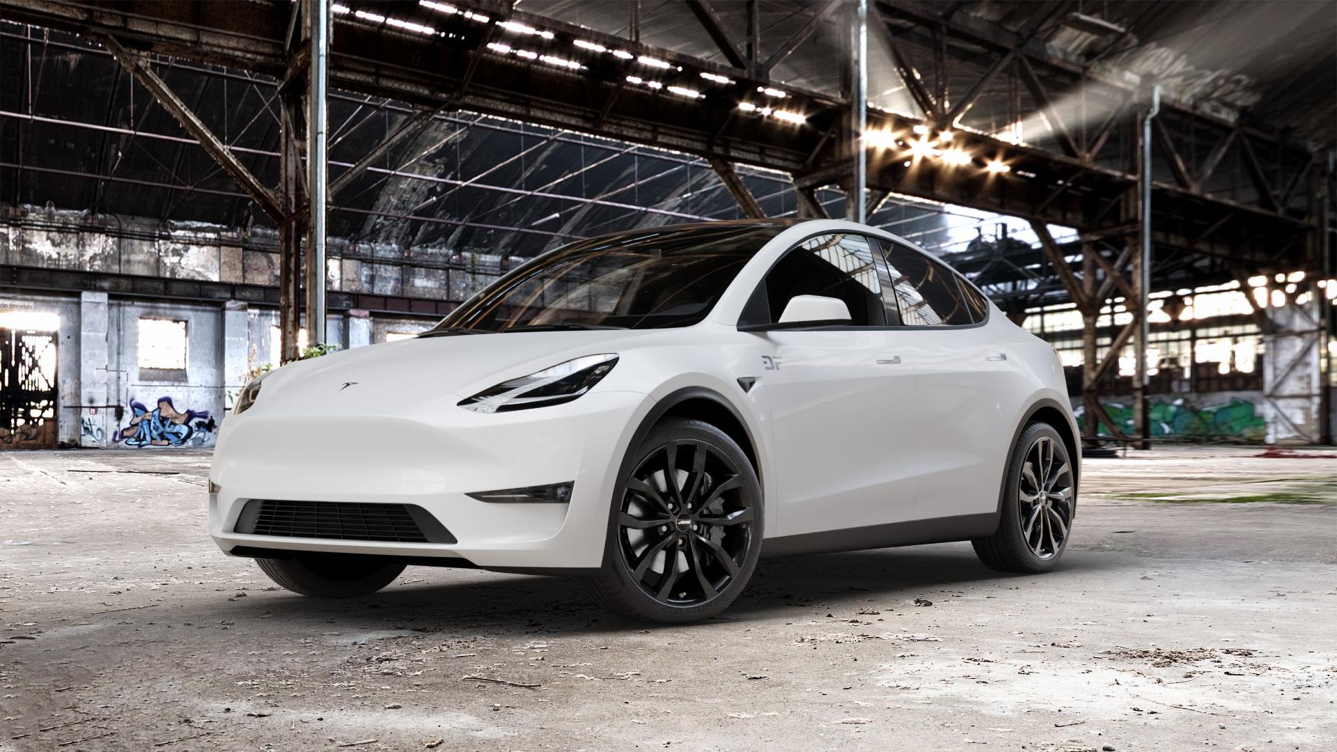 AUTEC Uteca Schwarz Felge mit Reifen in 20Zoll Winterfelge Alufelge auf weissem Tesla Model Y Typ 003 003/005 ⬇️ mit 15mm Tieferlegung ⬇️ Old Industrial Hall_max_5300mm_2024 Frontansicht_1
