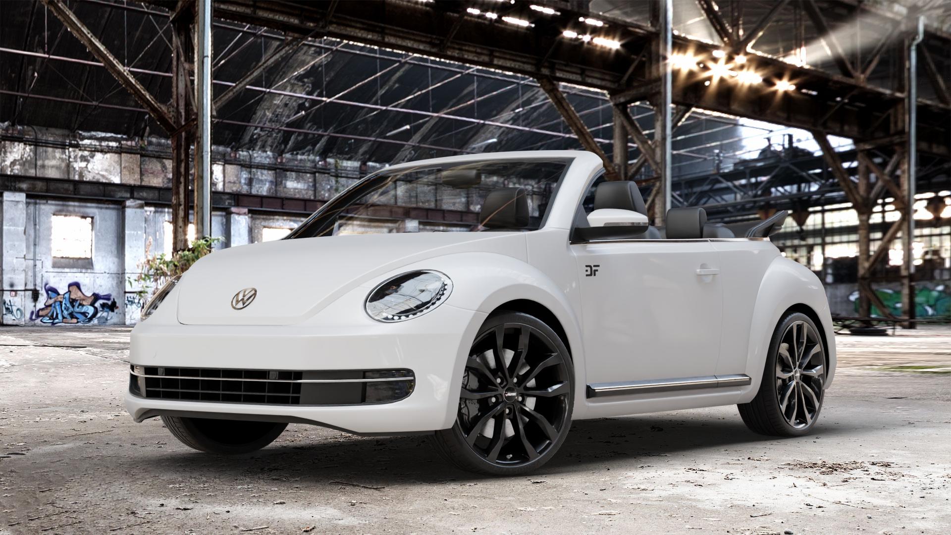 AUTEC Uteca Schwarz Felge mit Reifen in 20Zoll Winterfelge Alufelge auf weissem Volkswagen (VW) The Beetle Cabrio Typ 16 ⬇️ mit 15mm Tieferlegung ⬇️ Old Industrial Hall_max_4400mm_2024 Frontansicht_1