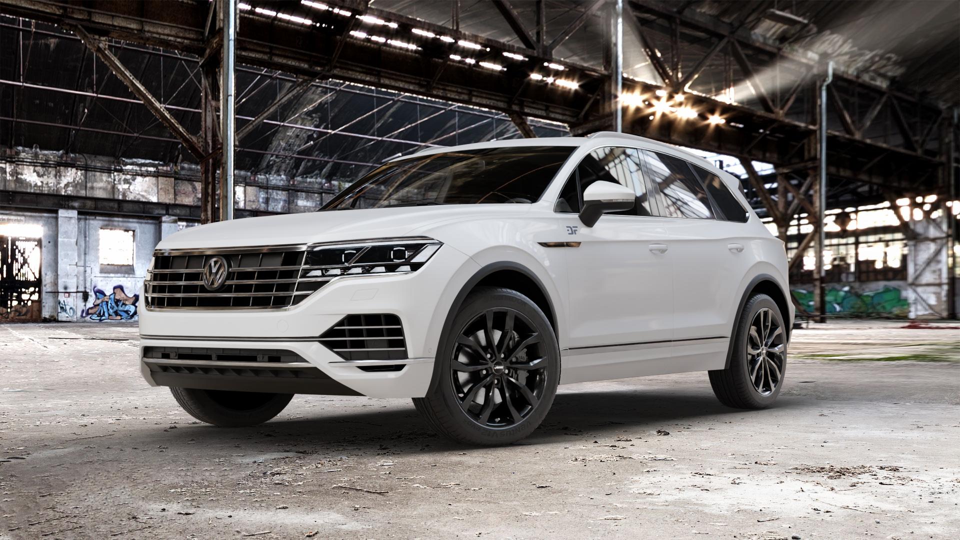 AUTEC Uteca Schwarz Felge mit Reifen in 20Zoll Winterfelge Alufelge auf weissem Volkswagen (VW) Touareg III Typ CR ⬇️ mit 15mm Tieferlegung ⬇️ Old Industrial Hall_max_5300mm_2024 Frontansicht_1