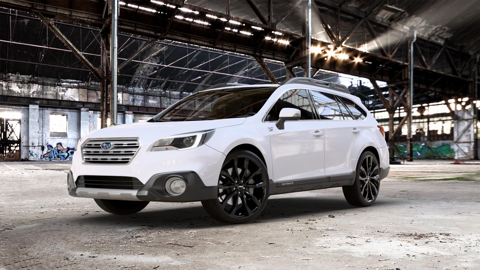 AUTEC Uteca Schwarz Felge mit Reifen in 21Zoll Winterfelge Alufelge auf weissem Subaru Outback Typ B6 ⬇️ mit 15mm Tieferlegung ⬇️ Old Industrial Hall_max_5300mm_2024 Frontansicht_1