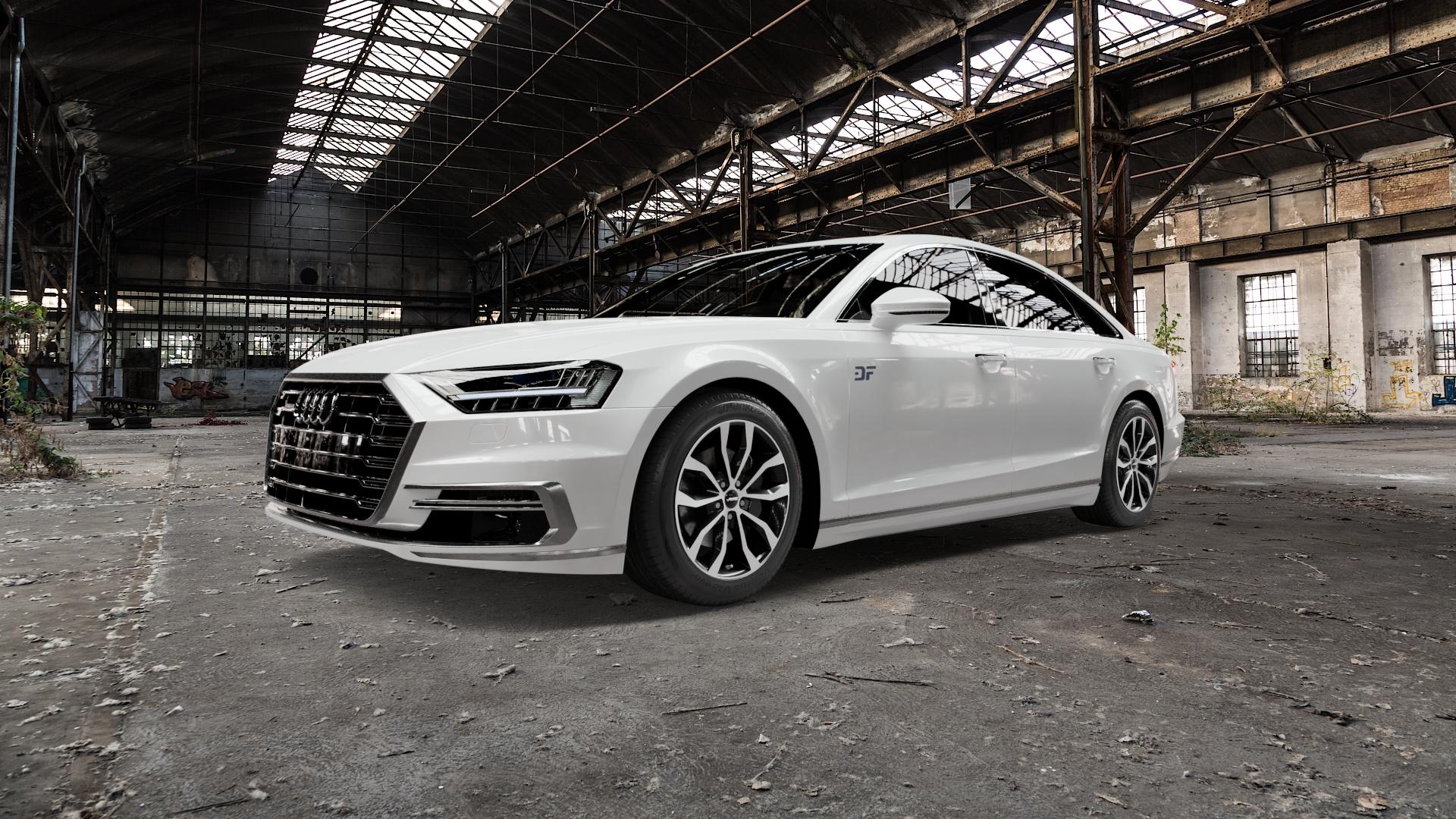 AUTEC Uteca Schwarz poliert Felge mit Reifen silber mehrfarbig in 18Zoll Alufelge auf weissem Audi A8 Typ D5/F8 3,0l 60 TFSI e quattro 250kW Hybrid (340 PS) 55 Mild-Hybrid 4,0l 338kW (460 S8 420kW (571 50 TDI 210kW (286 320kW (435 Facelift ⬇️ mit 15mm Tieferlegung ⬇️ Old Industrial Hall_max5000mm_2022 Frontansicht_1