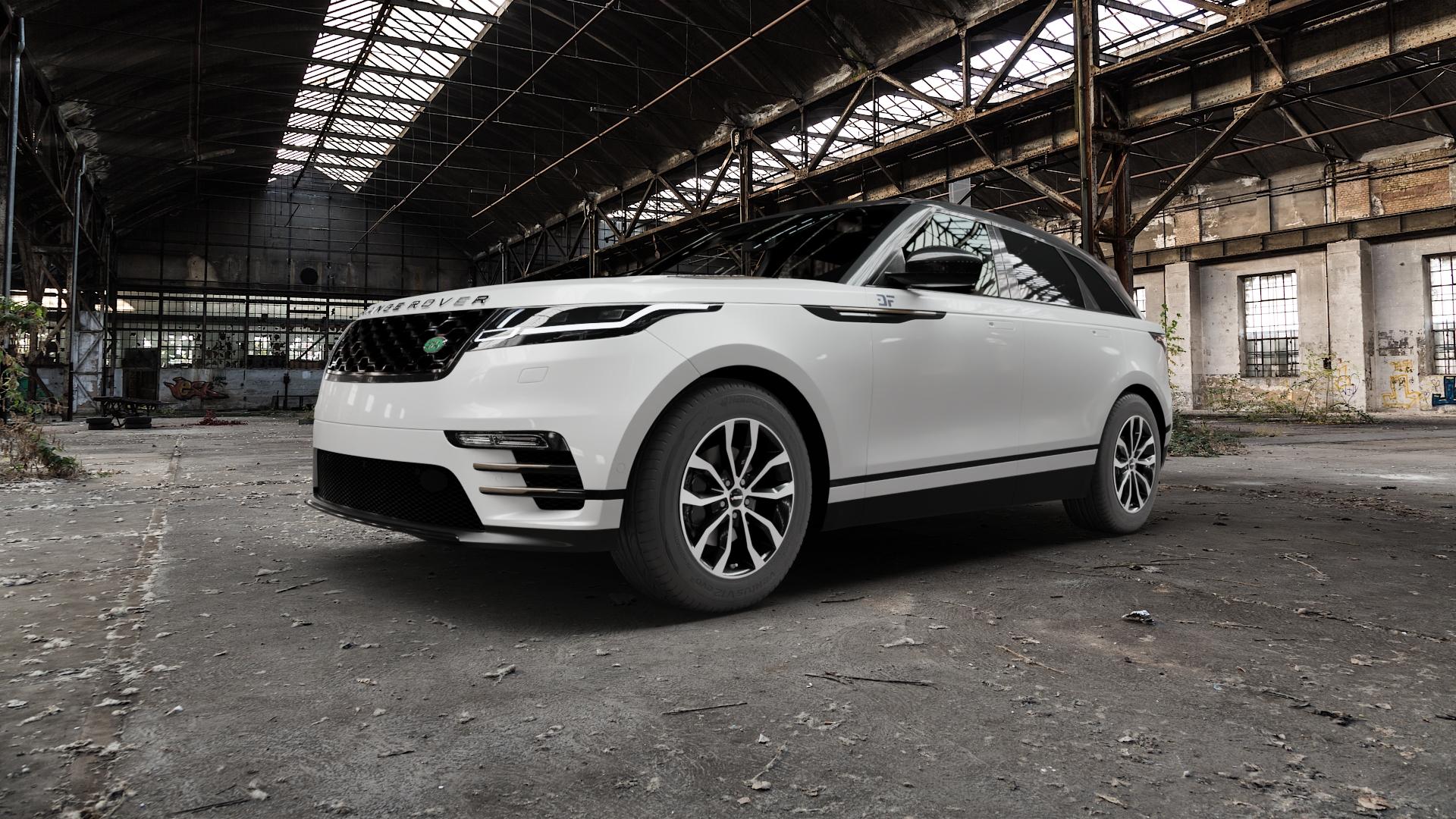 AUTEC Uteca Schwarz poliert Felge mit Reifen silber mehrfarbig in 18Zoll Alufelge auf weissem Land Rover Range Velar Typ LY Facelift ⬇️ mit 15mm Tieferlegung ⬇️ Old Industrial Hall_max5000mm_2022 Frontansicht_1