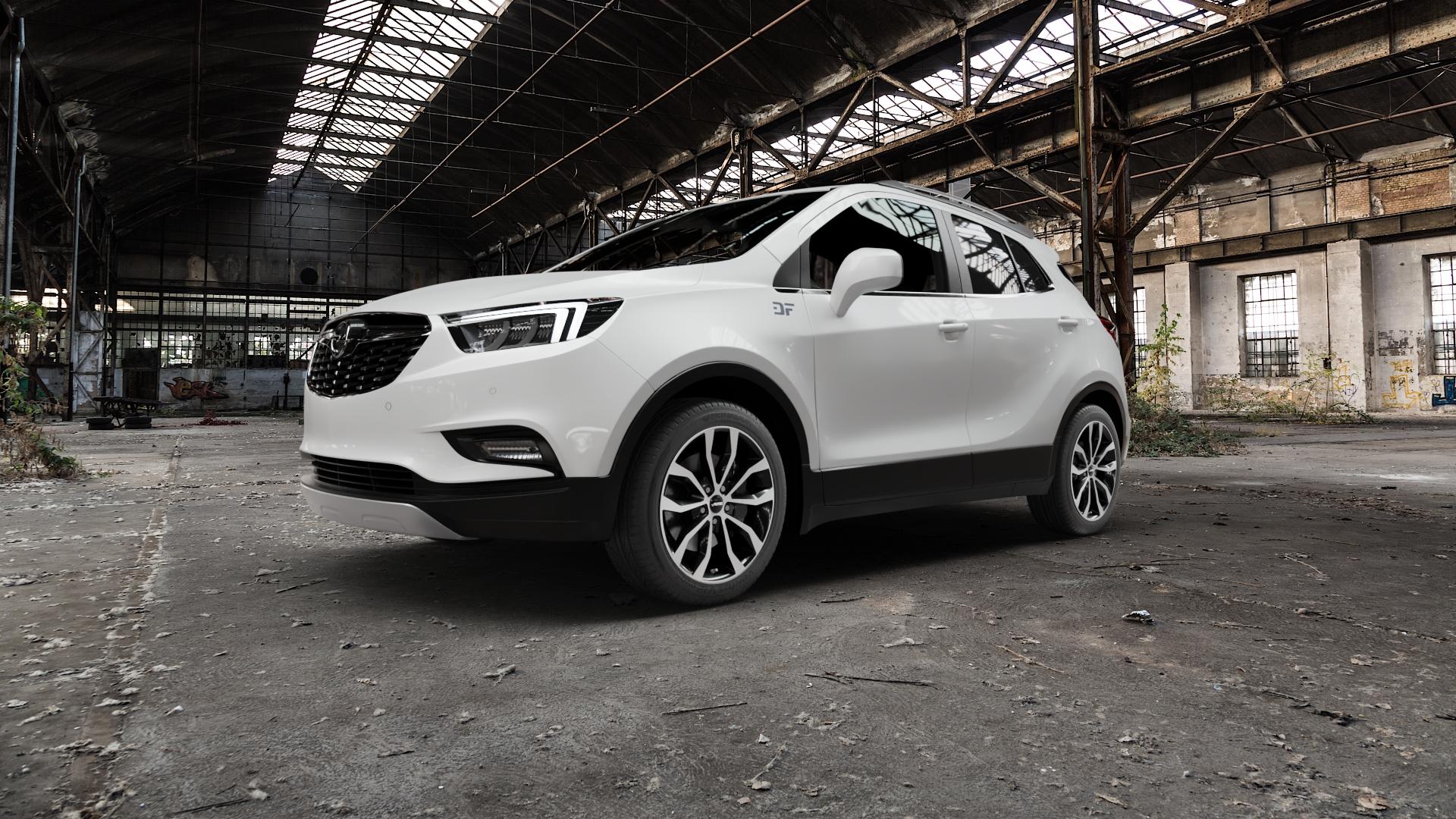 AUTEC Uteca Schwarz poliert Felge mit Reifen silber mehrfarbig in 18Zoll Alufelge auf weissem Opel Mokka X Typ J-A ⬇️ mit 15mm Tieferlegung ⬇️ Old Industrial Hall_max5000mm_2022 Frontansicht_1