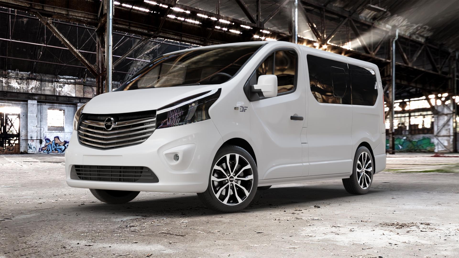 AUTEC Uteca Schwarz poliert Felge mit Reifen silber mehrfarbig in 18Zoll Alufelge auf weissem Opel Vivaro B Kombi Typ X83 ⬇️ mit 15mm Tieferlegung ⬇️ Old Industrial Hall_max_5300mm_2024 Frontansicht_1