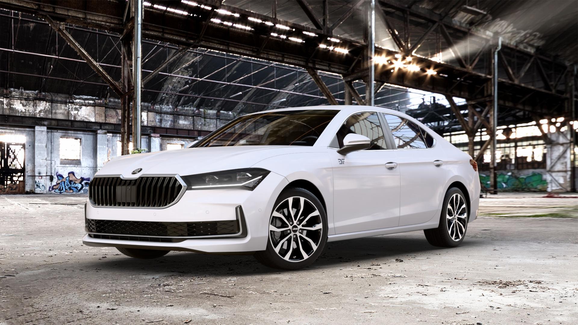 AUTEC Uteca Schwarz poliert Felge mit Reifen silber mehrfarbig in 18Zoll Alufelge auf weissem Skoda Superb IV Typ NZ ⬇️ mit 15mm Tieferlegung ⬇️ Old Industrial Hall_max_5300mm_2024 Frontansicht_1