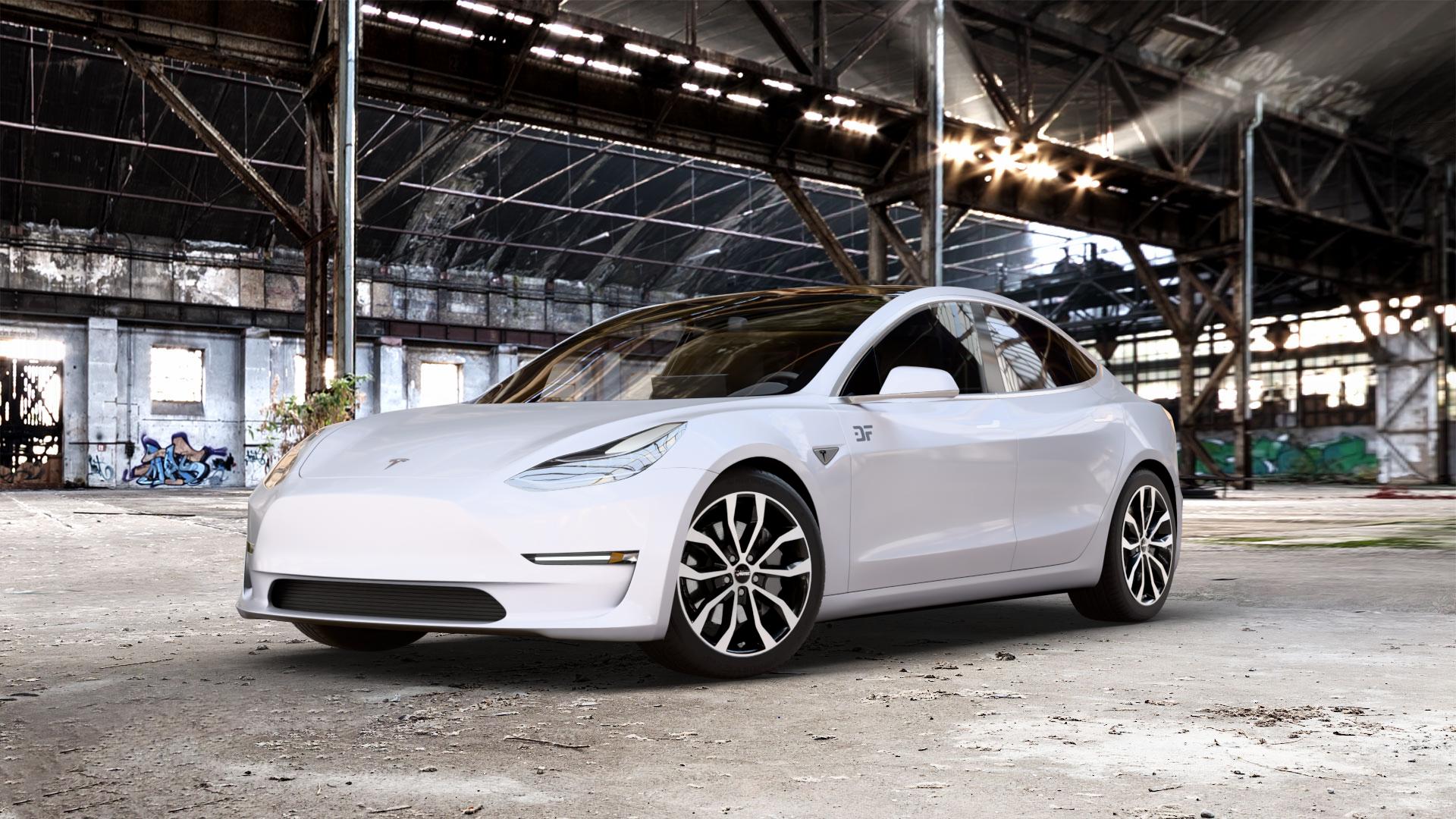 AUTEC Uteca Schwarz poliert Felge mit Reifen silber mehrfarbig in 18Zoll Alufelge auf weissem Tesla Model 3 Typ 003 ⬇️ mit 15mm Tieferlegung ⬇️ Old Industrial Hall_max_5300mm_2024 Frontansicht_1