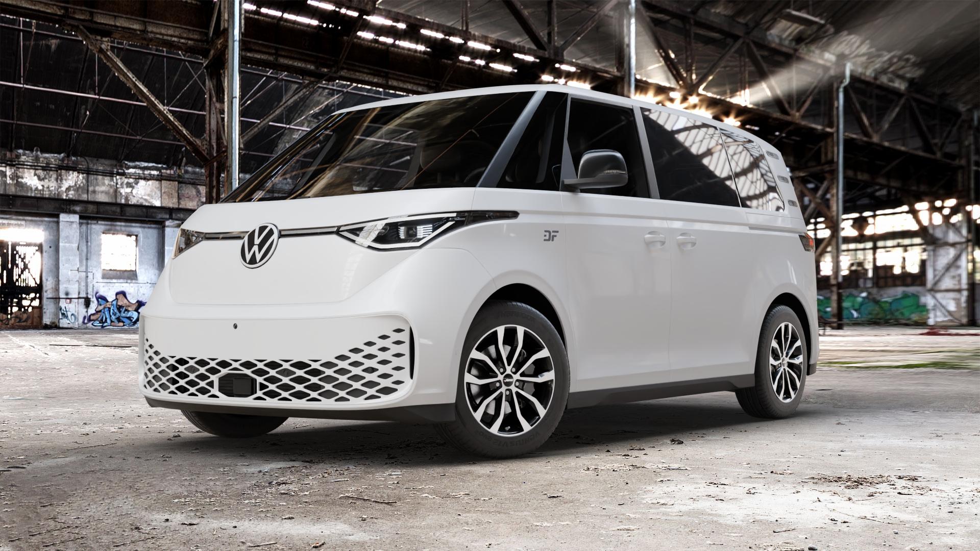 AUTEC Uteca Schwarz poliert Felge mit Reifen silber mehrfarbig in 18Zoll Alufelge auf weissem Volkswagen (VW) ID. Buzz kurzer Radstand Cargo langer ⬇️ mit 15mm Tieferlegung ⬇️ Old Industrial Hall_max_5300mm_2024 Frontansicht_1