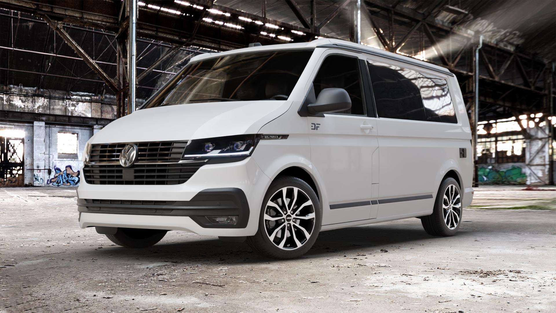 AUTEC Uteca Schwarz poliert Felge mit Reifen silber mehrfarbig in 18Zoll Alufelge auf weissem Volkswagen (VW) T6.1 California Beach ⬇️ mit 15mm Tieferlegung ⬇️ Old Industrial Hall_max_5300mm_2024 Frontansicht_1