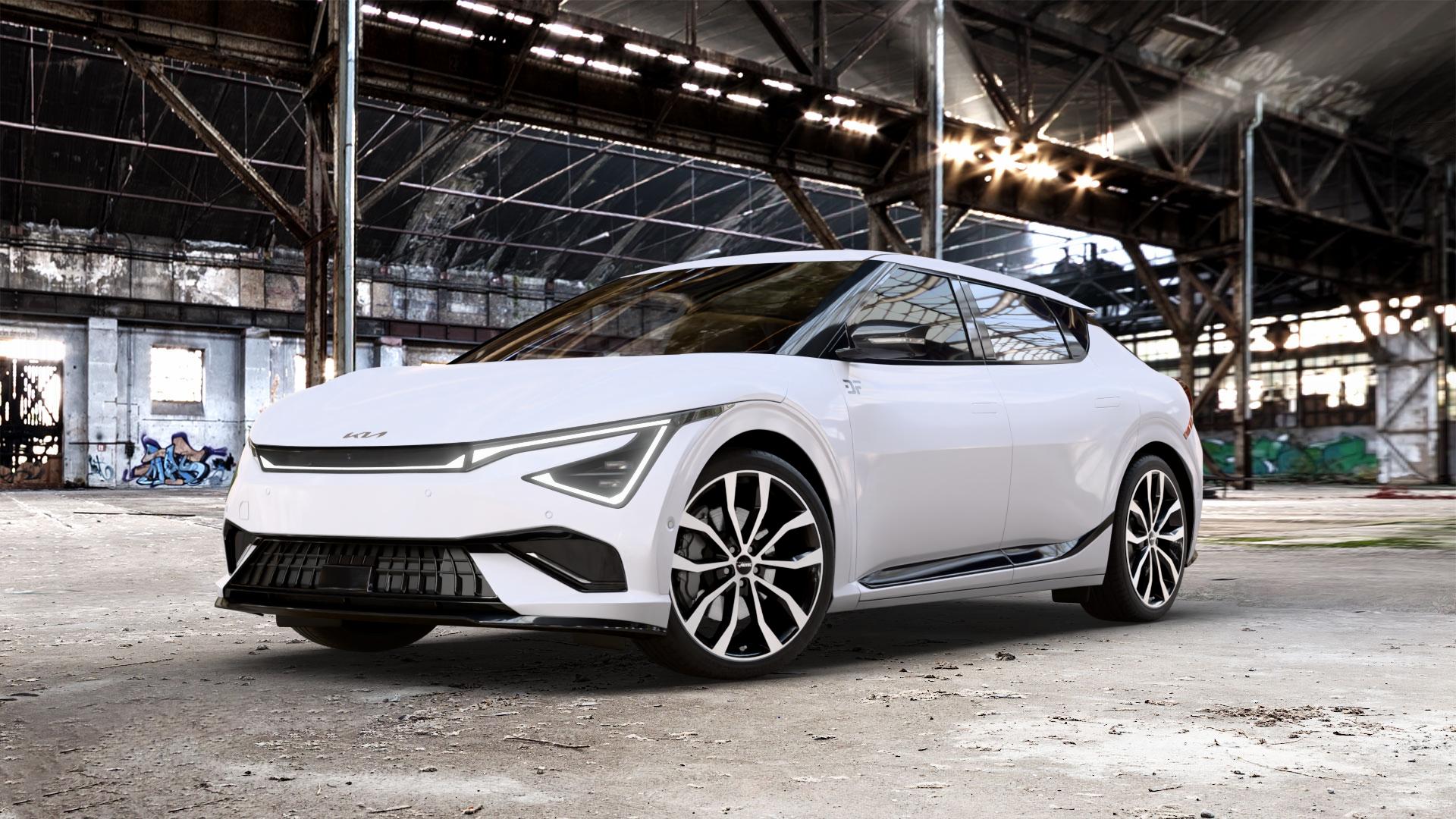 AUTEC Uteca Schwarz poliert Felge mit Reifen silber mehrfarbig in 21Zoll Alufelge auf weissem Kia EV6 Typ CV Facelift 0,0l GT AWD 159kW (216 PS) ⬇️ mit 15mm Tieferlegung ⬇️ Old Industrial Hall_max_5300mm_2024 Frontansicht_1