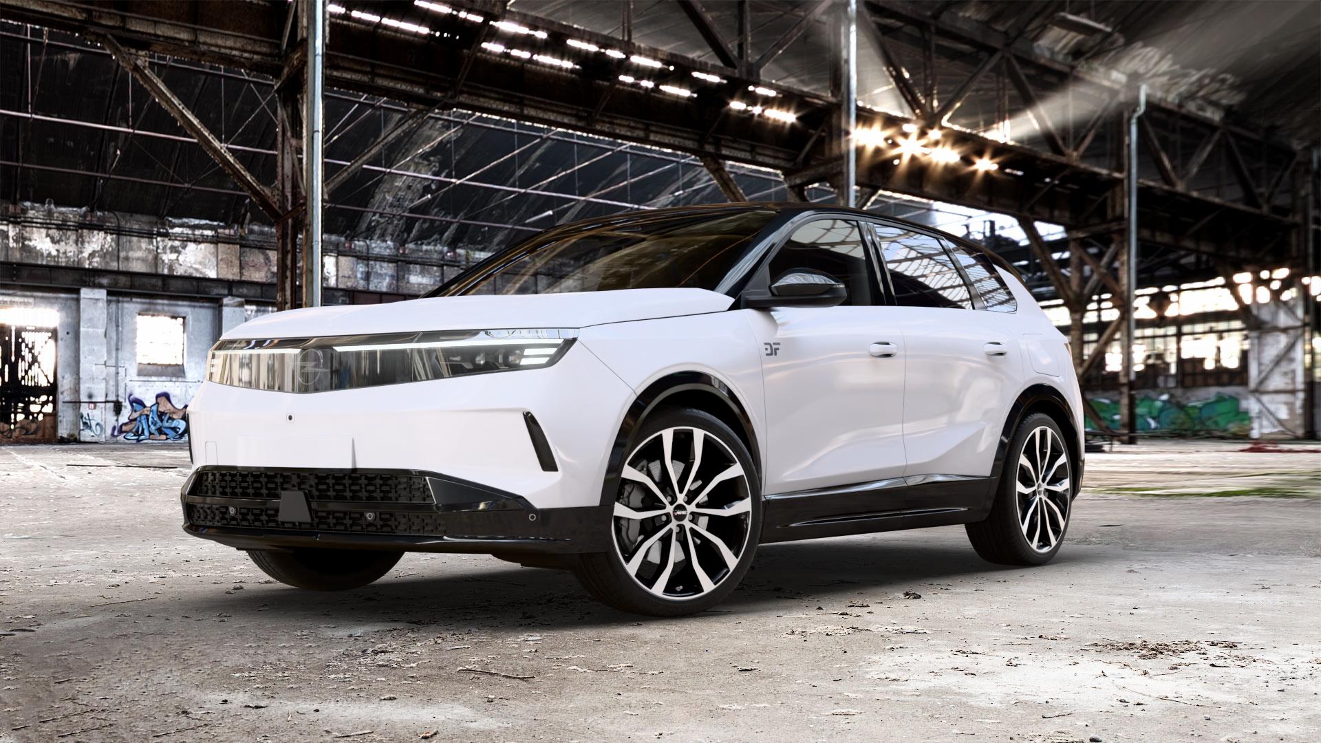 AUTEC Uteca Schwarz poliert Felge mit Reifen silber mehrfarbig in 21Zoll Alufelge auf weissem Opel Grandland 1,2l 100kW Mild-Hybrid (136 PS) 1,6l 110kW Hybrid (150 0,0l E 104kW Elektro (141 105kW (143 137kW (186 ⬇️ mit 15mm Tieferlegung ⬇️ Old Industrial Hall_max_5300mm_2024 Frontansicht_1