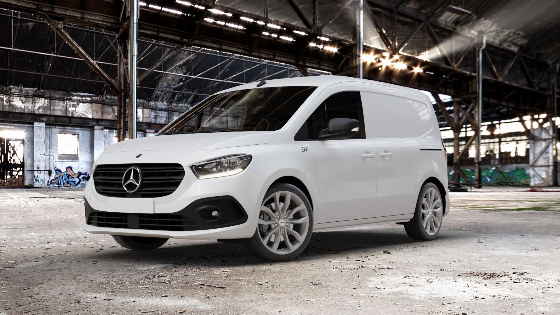 AUTEC Uteca Titansilber Felge mit Reifen grau anthrazit metallic in 18Zoll Winterfelge Alufelge auf weissem Mercedes Citan Kasten Typ W420 ⬇️ mit 15mm Tieferlegung ⬇️ Old Industrial Hall_max_5300mm_2024 Frontansicht_1