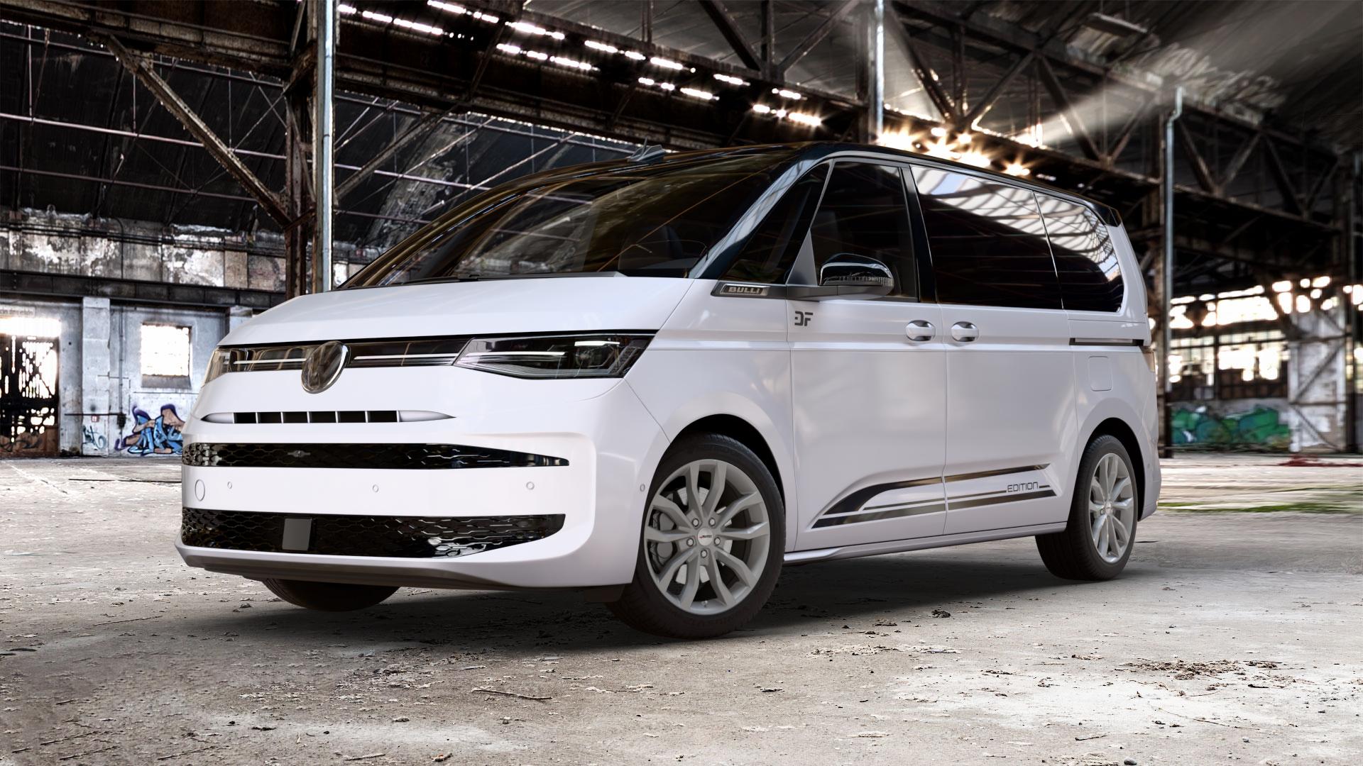 AUTEC Uteca Titansilber Felge mit Reifen grau anthrazit metallic in 18Zoll Winterfelge Alufelge auf weissem und schwarzem Volkswagen (VW) T7 Multivan Bus ⬇️ mit 15mm Tieferlegung ⬇️ Old Industrial Hall_max_5300mm_2024 Frontansicht_1