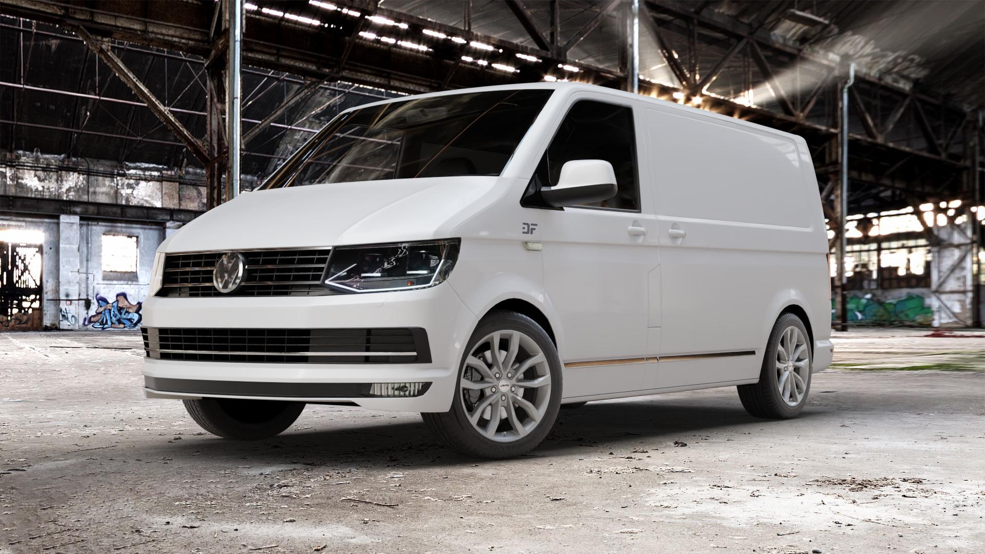 AUTEC Uteca Titansilber Felge mit Reifen grau anthrazit metallic in 18Zoll Winterfelge Alufelge auf weissem Volkswagen (VW) T6 Kastenwagen ⬇️ mit 15mm Tieferlegung ⬇️ Old Industrial Hall_max_5300mm_2024 Frontansicht_1