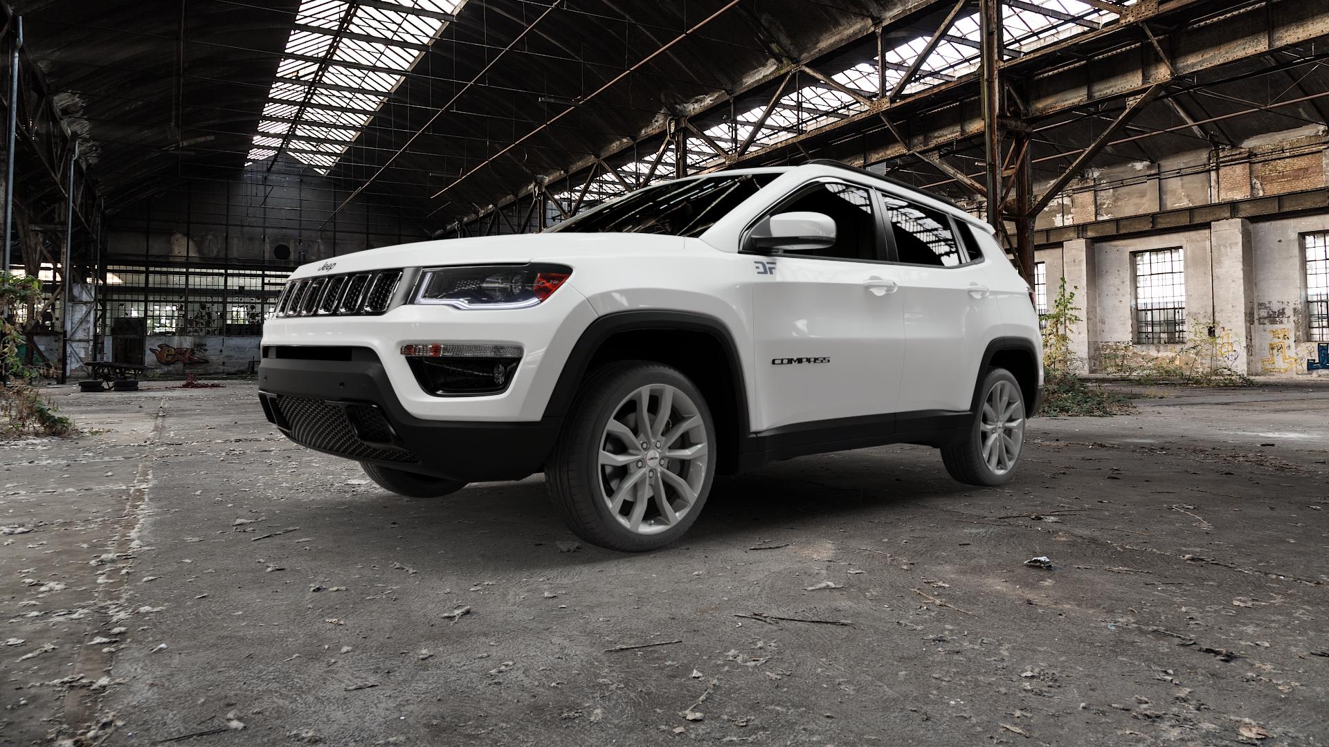 AUTEC Uteca Titansilber Felge mit Reifen grau anthrazit metallic in 19Zoll Winterfelge Alufelge auf weissem Jeep Compass III Typ MX ⬇️ mit 15mm Tieferlegung ⬇️ Old Industrial Hall_max5000mm_2022 Frontansicht_1