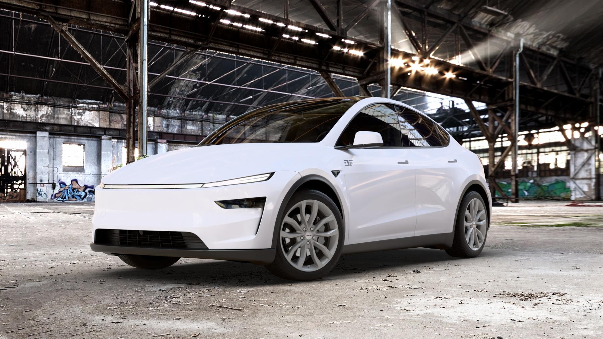 AUTEC Uteca Titansilber Felge mit Reifen grau anthrazit metallic in 19Zoll Winterfelge Alufelge auf weissem Tesla Model Y Typ 003 Juniper Facelift 003/005 ⬇️ mit 15mm Tieferlegung ⬇️ Old Industrial Hall_max_5300mm_2024 Frontansicht_1