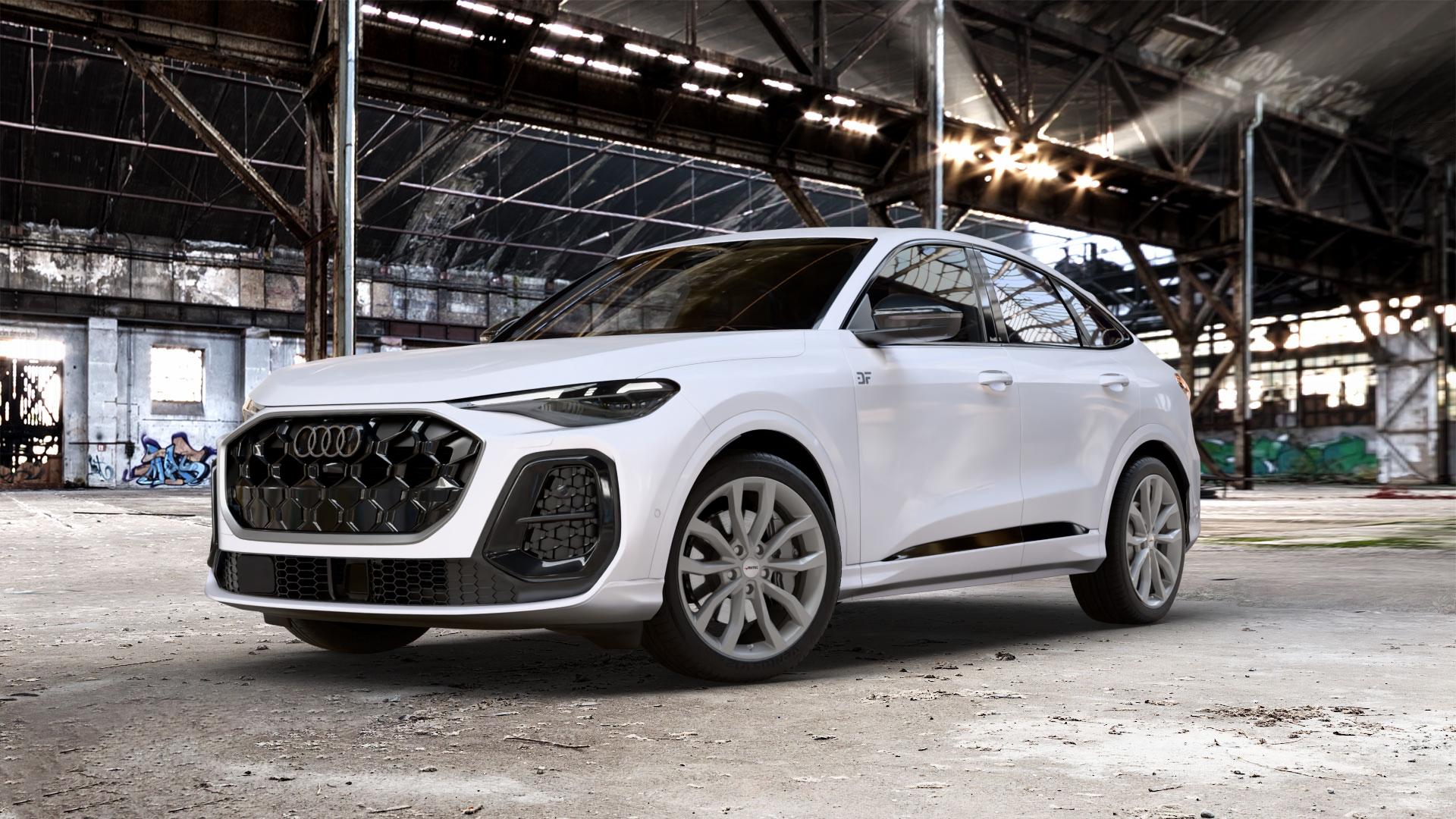 AUTEC Uteca Titansilber Felge mit Reifen grau anthrazit metallic in 20Zoll Winterfelge Alufelge auf weissem Audi Q5 III Typ GU (FY) Sportback ⬇️ mit 15mm Tieferlegung ⬇️ Old Industrial Hall_max_5300mm_2024 Frontansicht_1