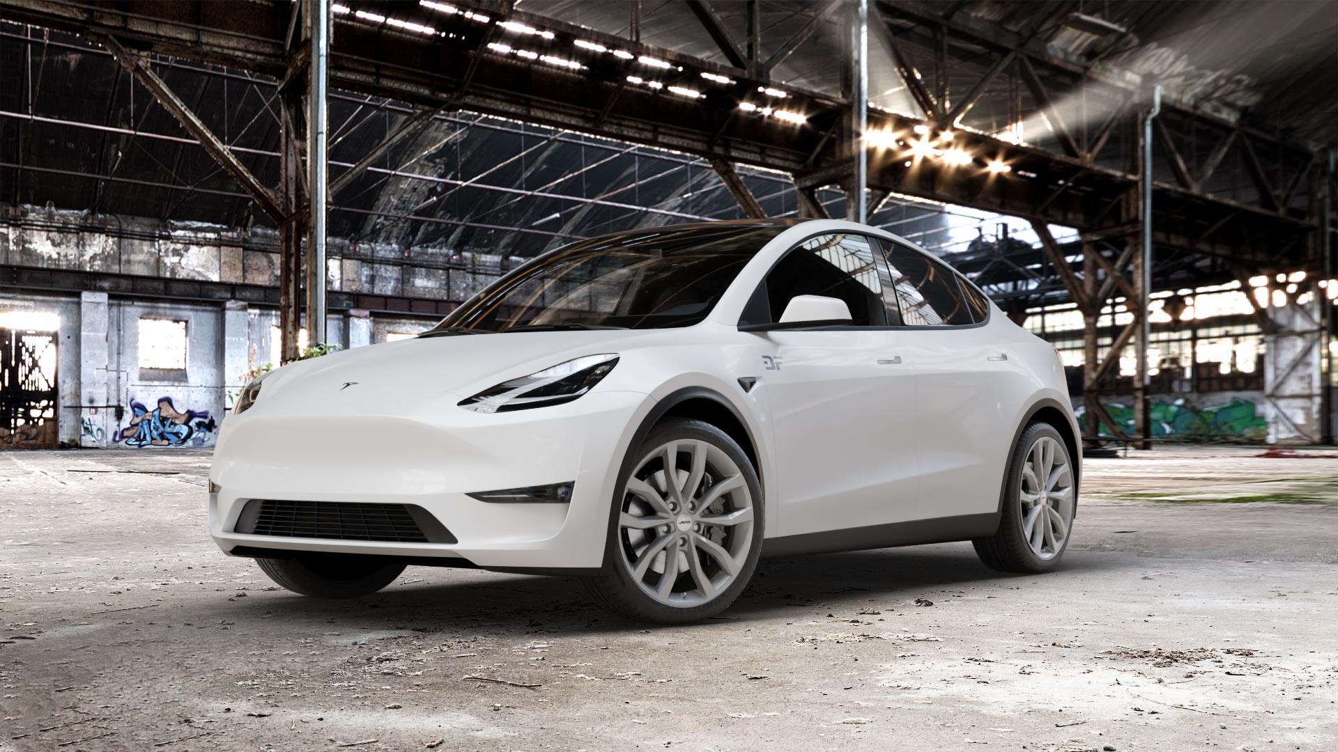 AUTEC Uteca Titansilber Felge mit Reifen grau anthrazit metallic in 20Zoll Winterfelge Alufelge auf weissem Tesla Model Y Typ 003 003/005 ⬇️ mit 15mm Tieferlegung ⬇️ Old Industrial Hall_max_5300mm_2024 Frontansicht_1