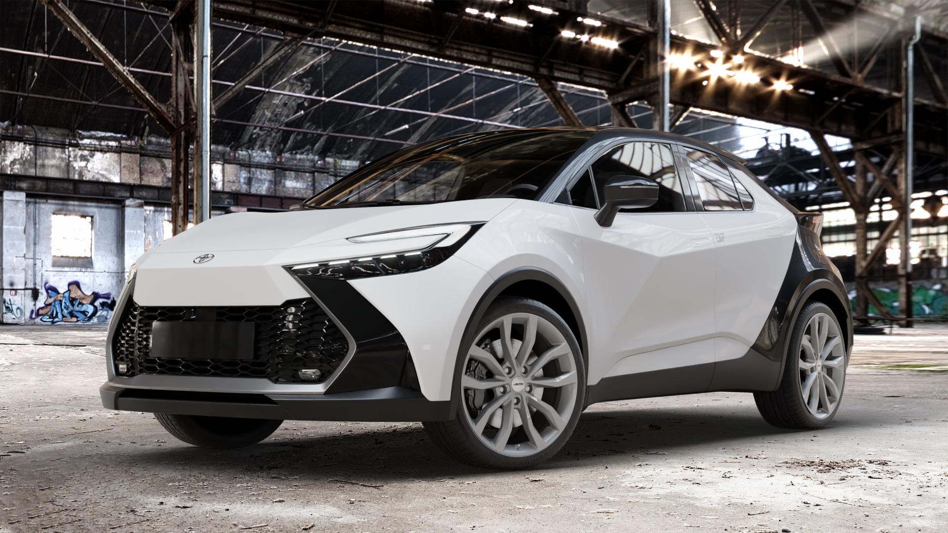 AUTEC Uteca Titansilber Felge mit Reifen grau anthrazit metallic in 20Zoll Winterfelge Alufelge auf weissem Toyota C-HR Typ AX2T(M) AX2T(M)-TGRE ⬇️ mit 15mm Tieferlegung ⬇️ Old Industrial Hall_max_4400mm_2024 Frontansicht_1